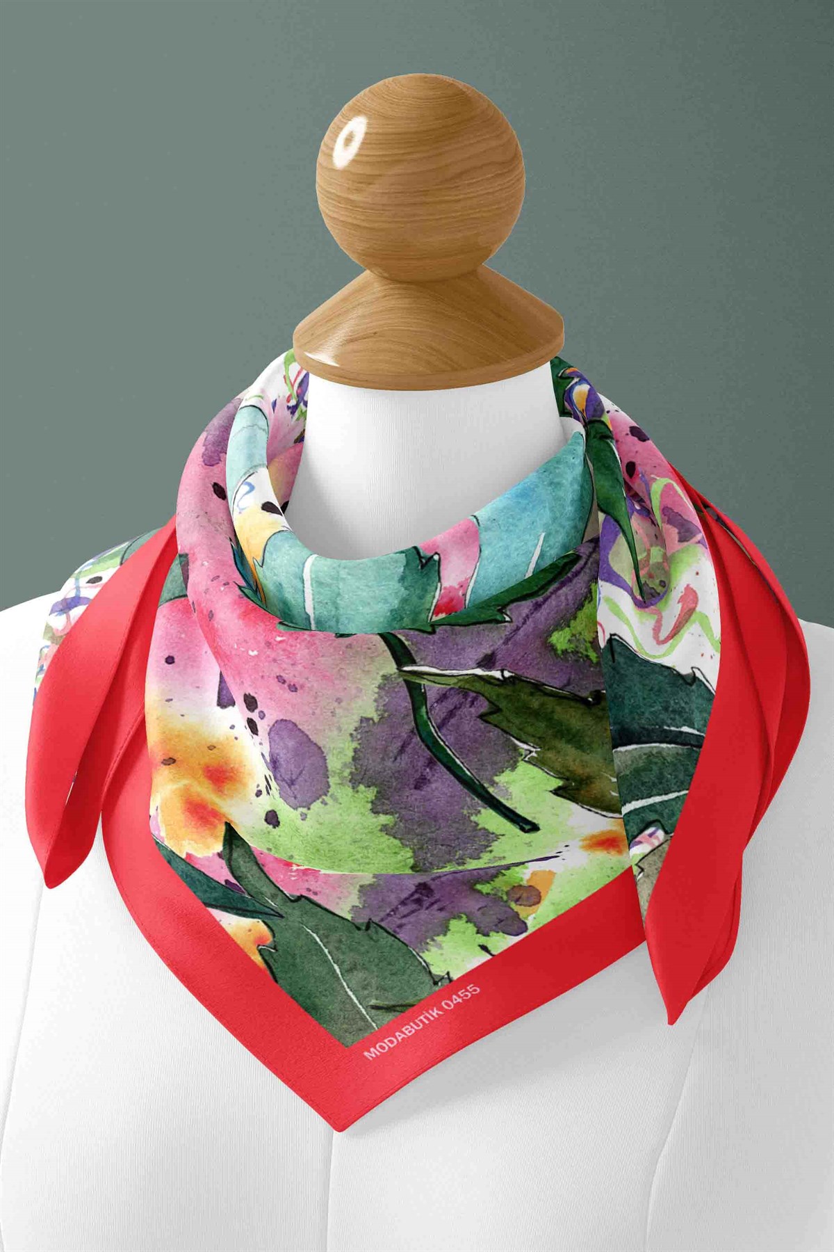 A74 Kadın Yaprak Desenli Bandana 50x50 Yeşil Pembe DG0455-22