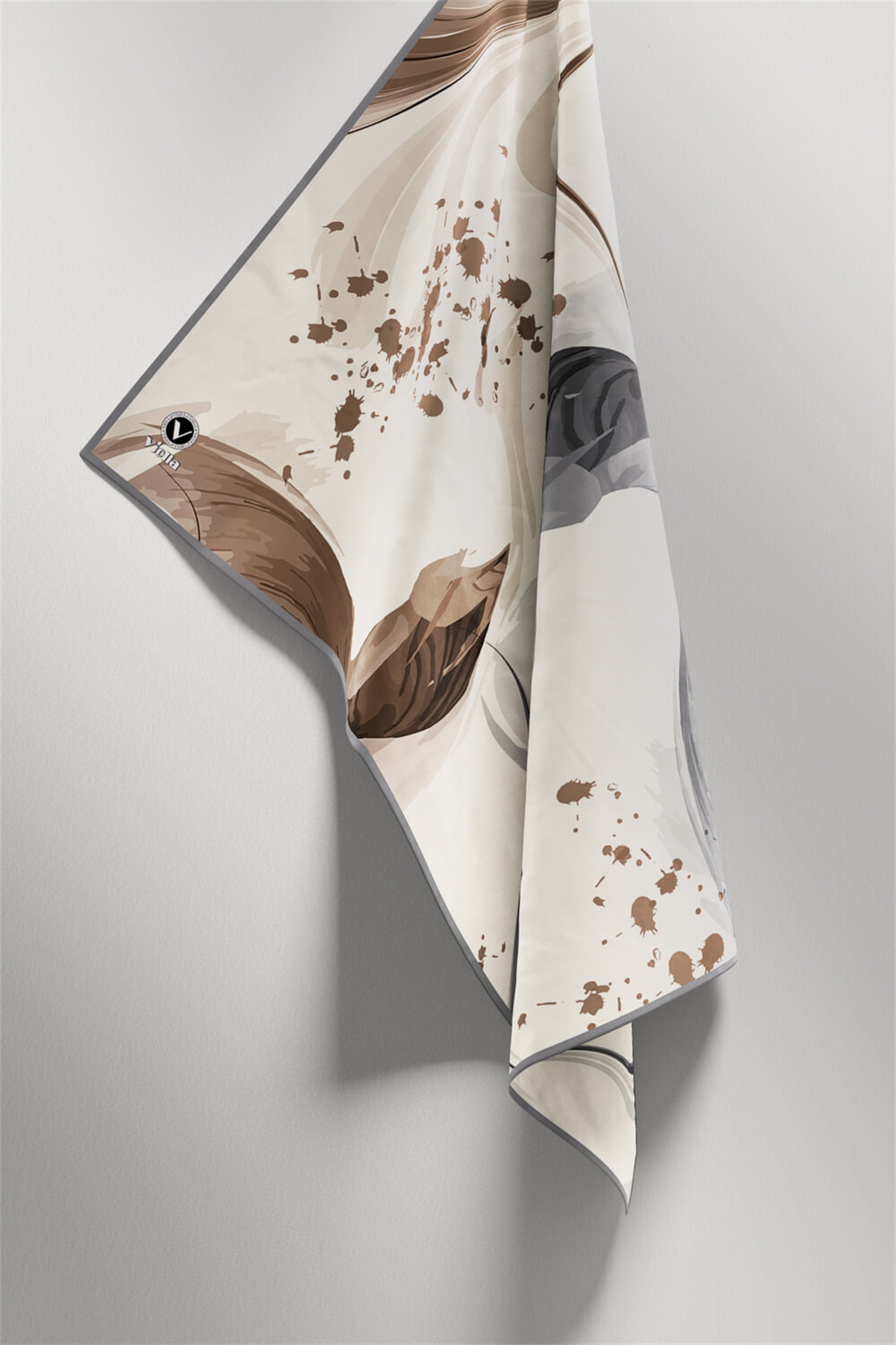 Twill Dalga Desenli Gri Renkli 90x90 Eşarp (İpek İçermez) Kenar Dikiş Şekli El Dikişli