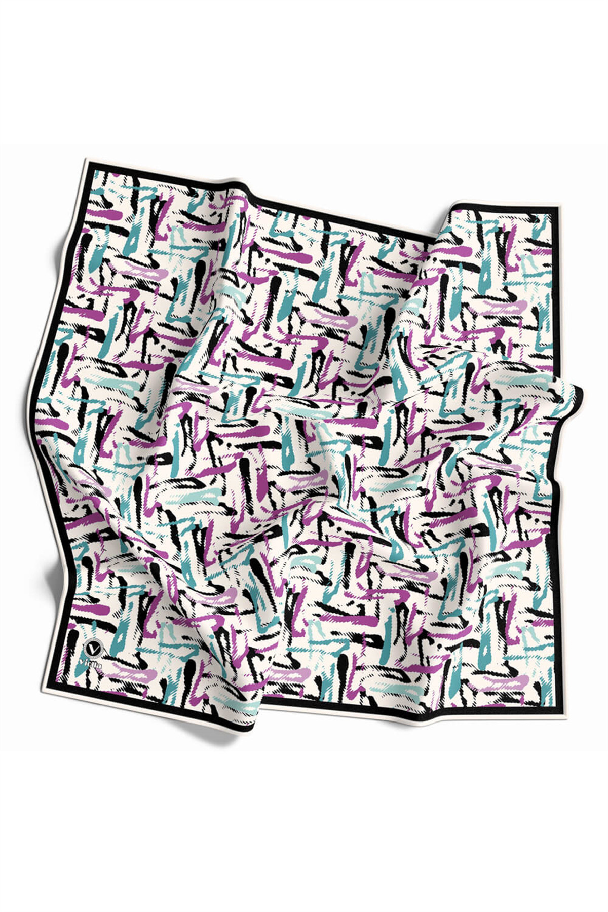 Twill Geometrik Desenli Mürdüm - Petrol Yeşili Renkli 90x90 Eşarp (İpek İçermez) Dikim Şekli : El Dikişi