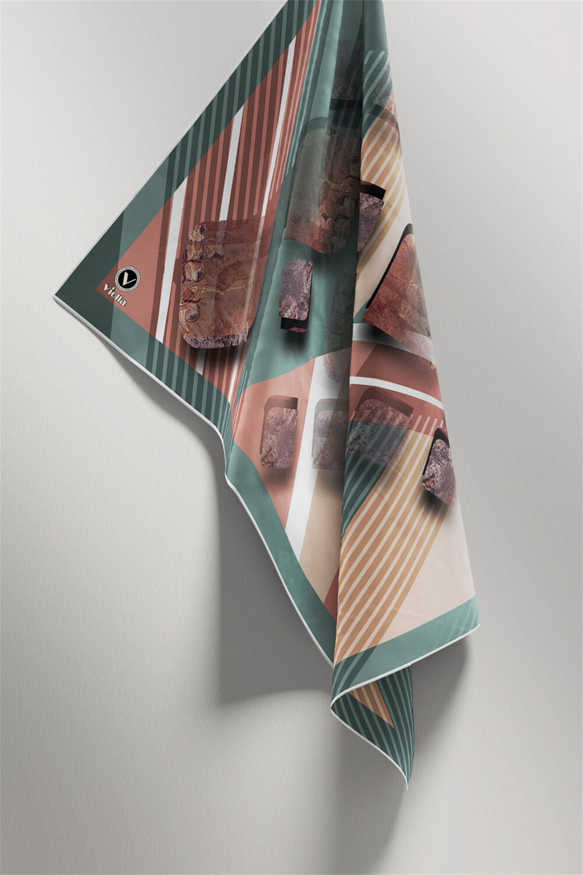 Twill Çizgili ve Geometrik Desenli Mint Renkli 90x90 Eşarp (İpek İçermez) Kenar Dikiş Şekli El Dikişli