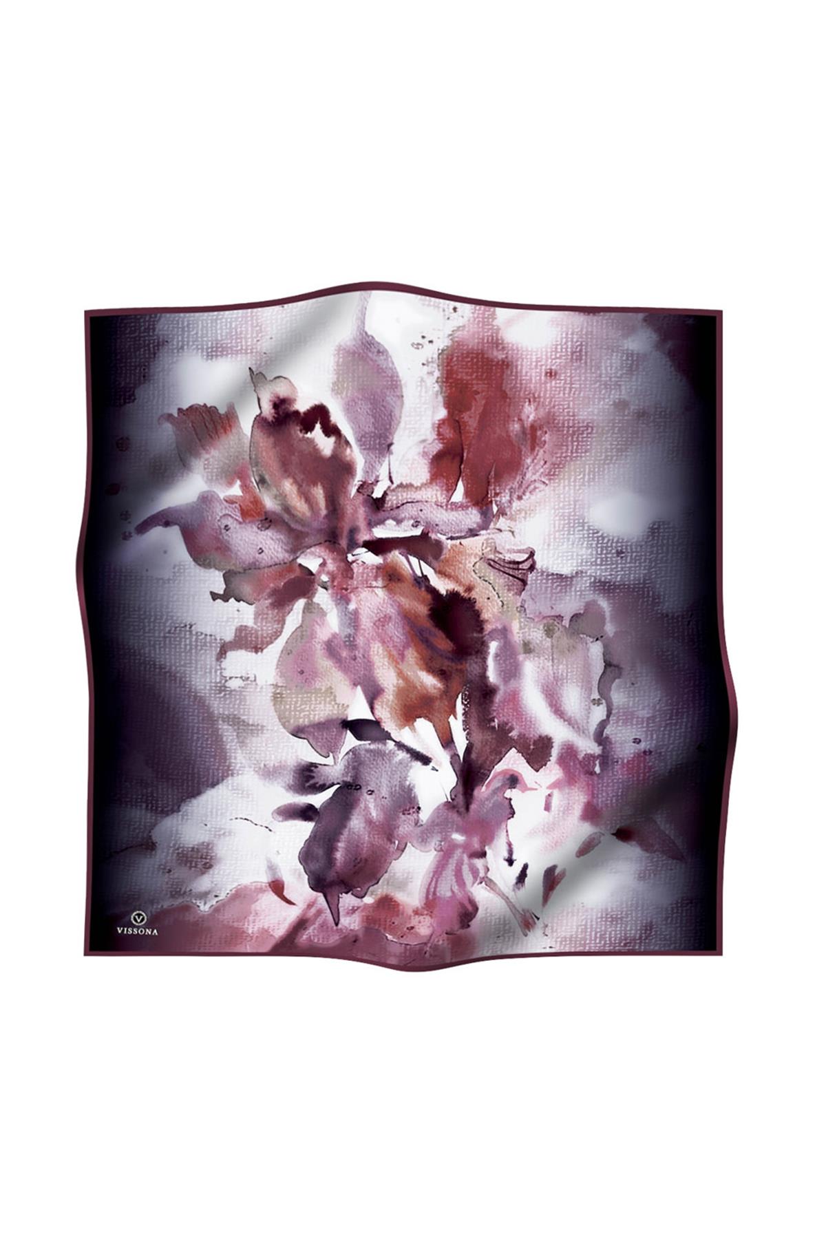 %100 Twill İpek Suluboya Çiçek Desenli Gül Kurusu Renkli 90x90 Eşarp Dikim Şekli : El Dikişi