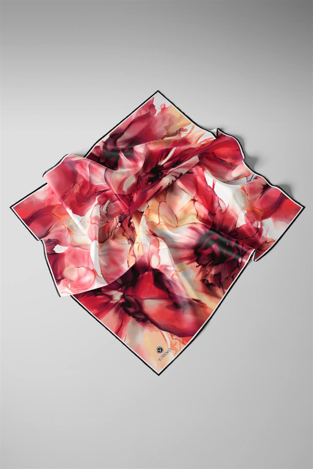 %100 Twill İpek Batik Çiçek Desenli Bordo - Hardal Renkli 90x90 Eşarp