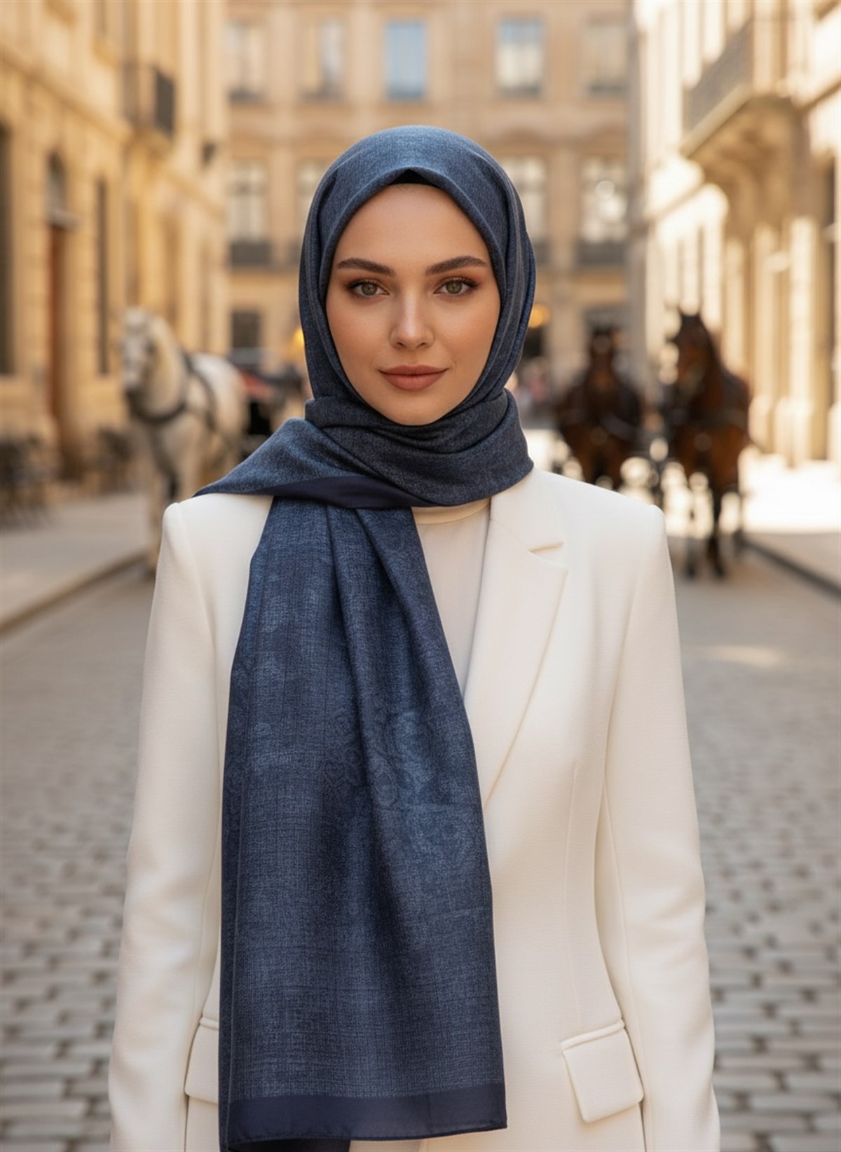 %100 Saf İpek Şal İnce Saten Vual Dokuma Damask Desenli Lacivert - İndigo Renkli 90x210 Şal