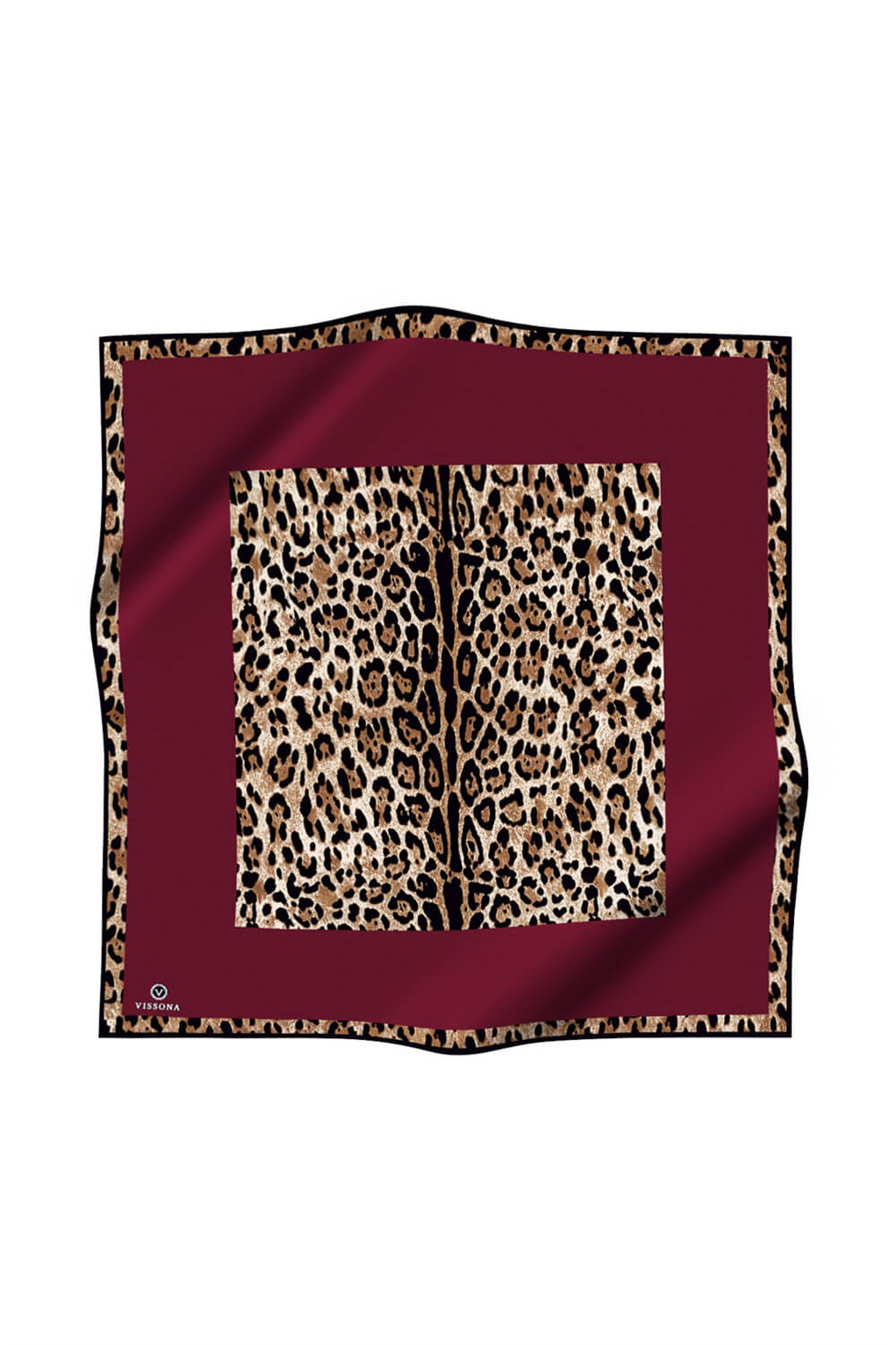 %100 Twill İpek Leopar Desenli Bordo Renkli 90x90 Eşarp Dikim Şekli : El Dikişi