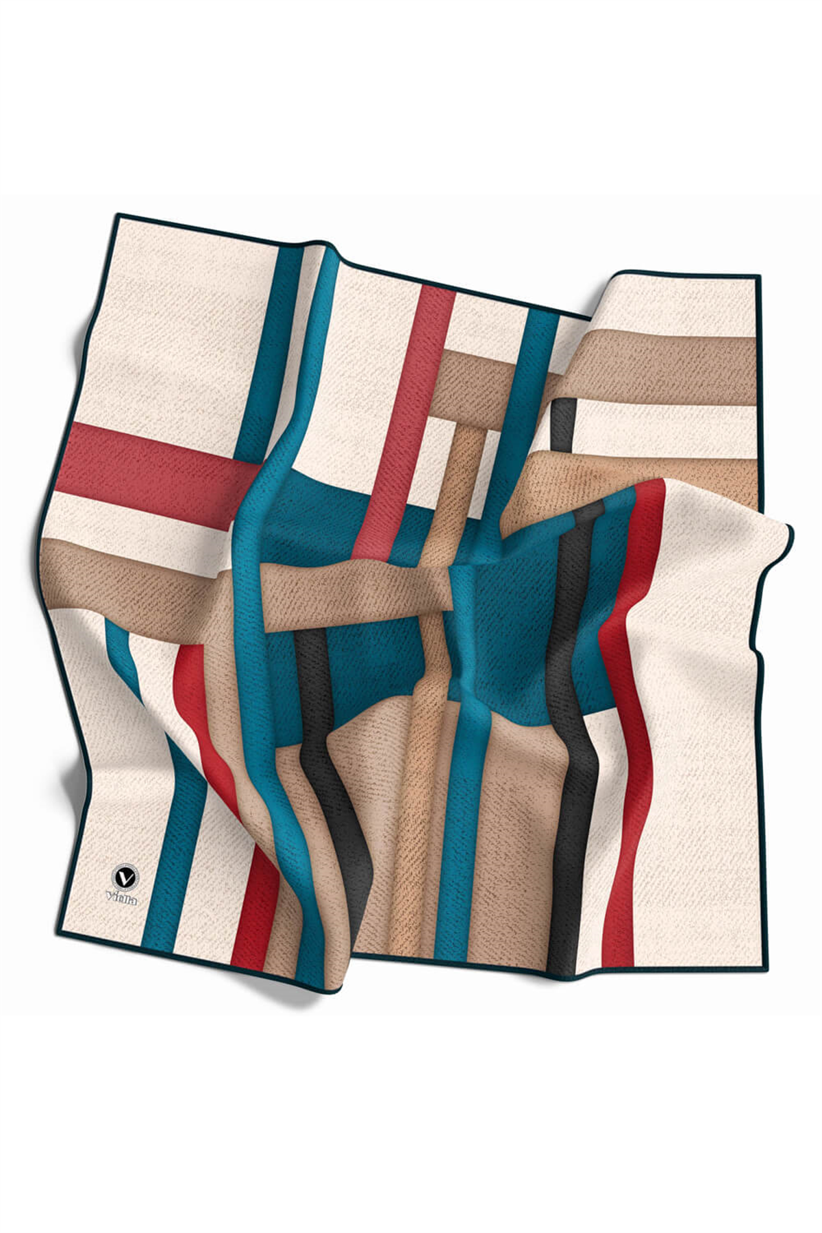 Twill Renkli Şerit Desenli Petrol Mavisi Renkli 90x90 Eşarp (İpek İçermez) Kenar Dikiş Şekli El Dikişli