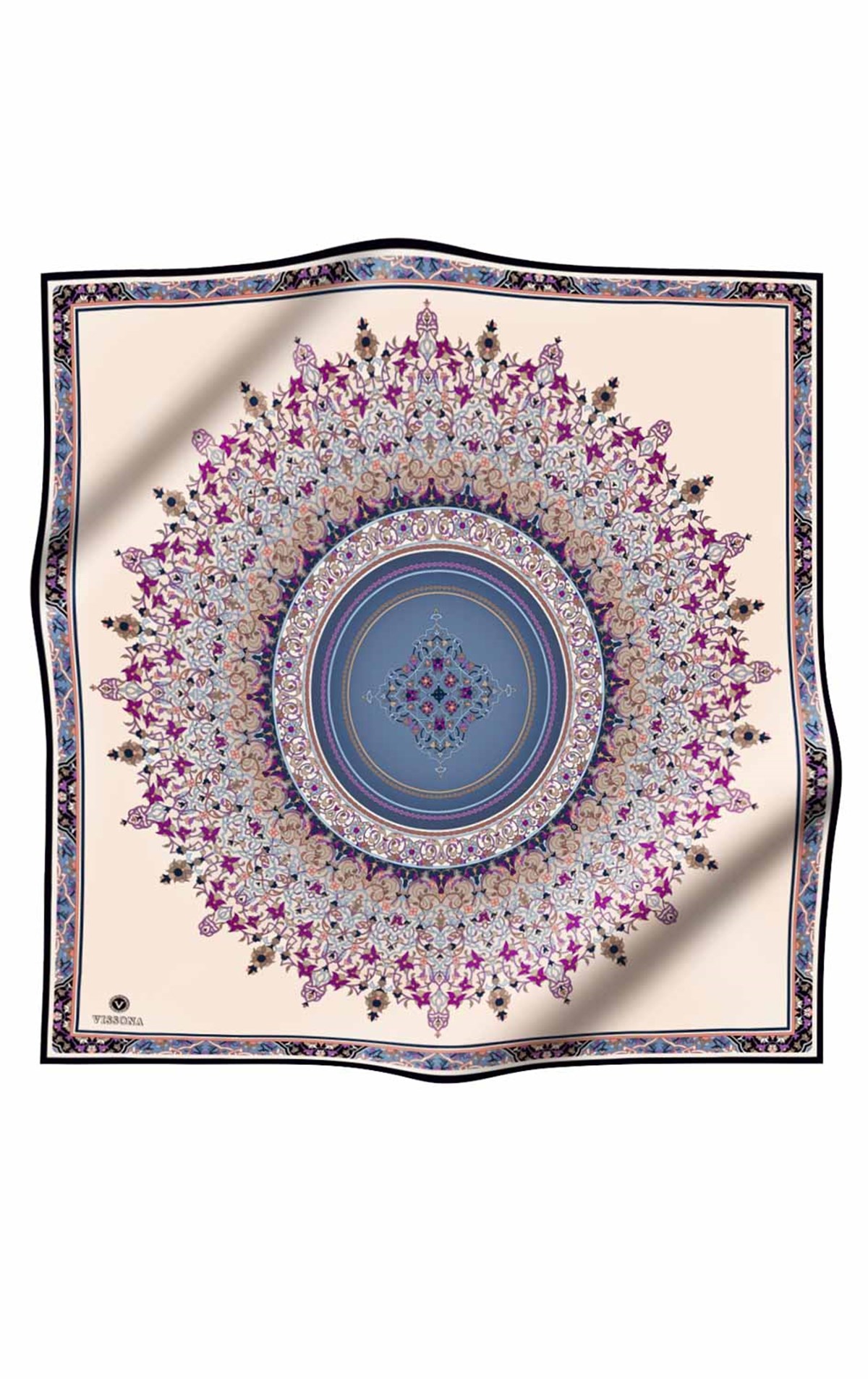 %100 Twill İpek Şal Desenli İndigo Renkli 90x90 Eşarp Dikim Şekli : El Dikişi