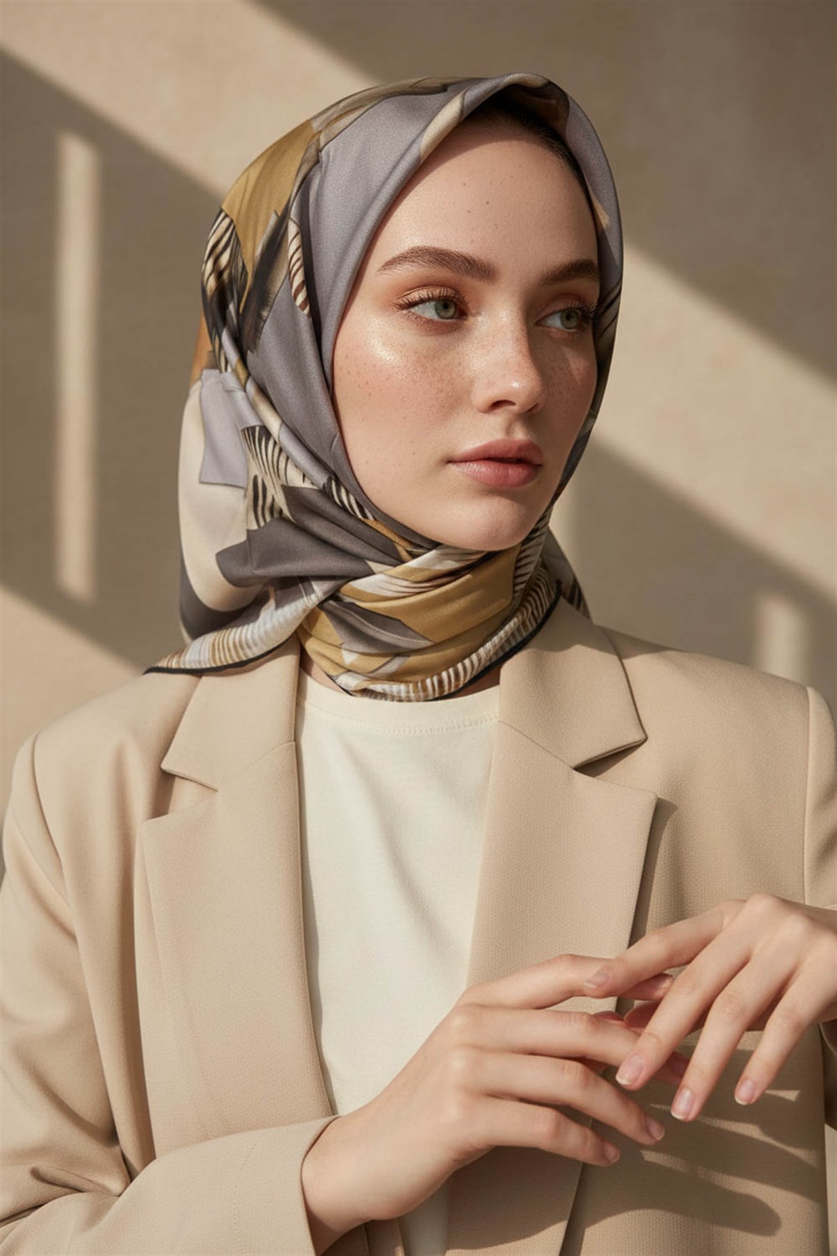 %100 Twill İpek Geometrik Desenli Gri - Bej Kabuğu Renkli 90x90 Eşarp Dikim Şekli : El Dikişi
