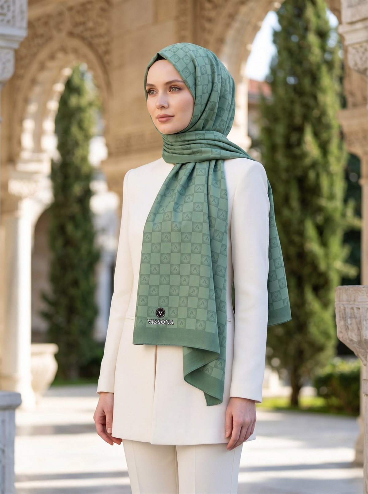 KREP MONOGRAM DESENLİ KÜF YEŞİLİ RENKLİ 75X195 KIRIŞMAZ ŞAL