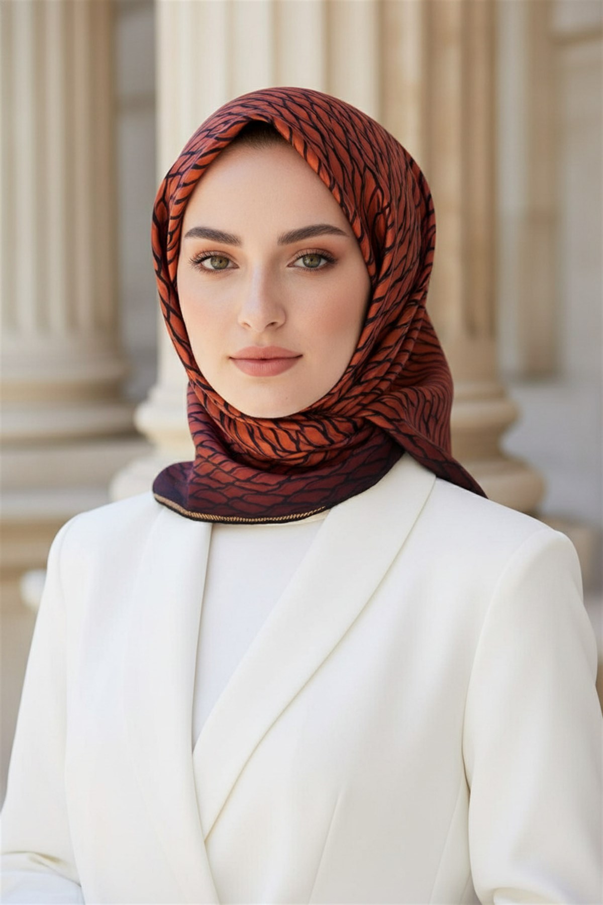 %100 Twill İpek File Desenli Taba - Siyah Renkli 90x90 Eşarp Dikim Şekli : El Dikişi