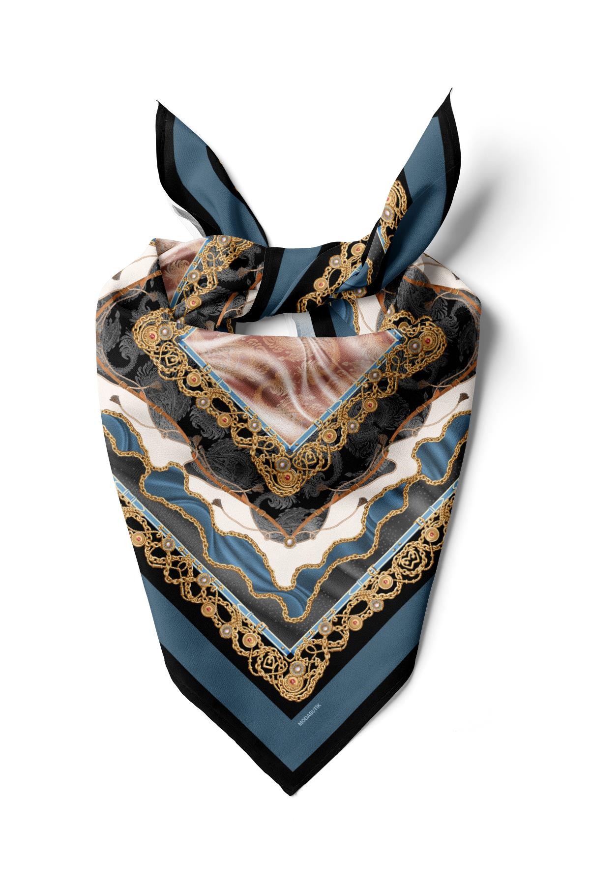 D117 Kadın Zincir  Desenli Bandana 50x50 Mavi DG0222-22 Snz