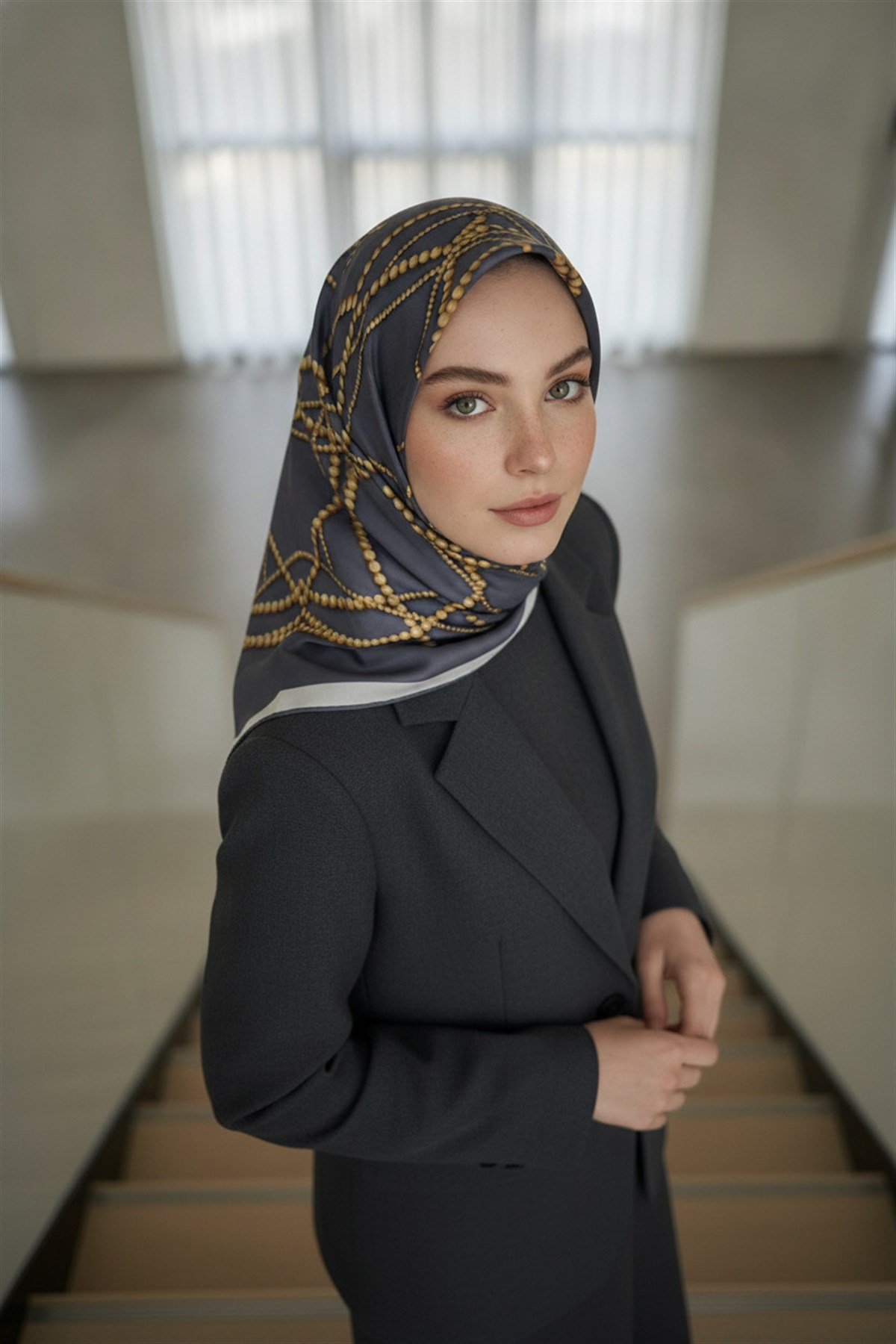 %100 Twill İpek İnci Desenli Gri Renkli 90x90 Eşarp Kenar Dikiş Şekli : El Dikişli