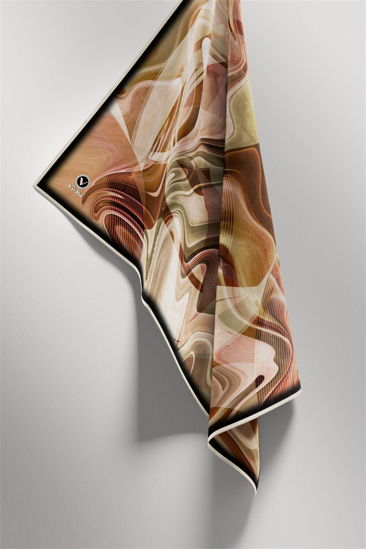 Twill Soyut Dalga Desenli Hardal Renkli 90x90 Eşarp (İpek İçermez) Dikim Şekli : El Dikişi
