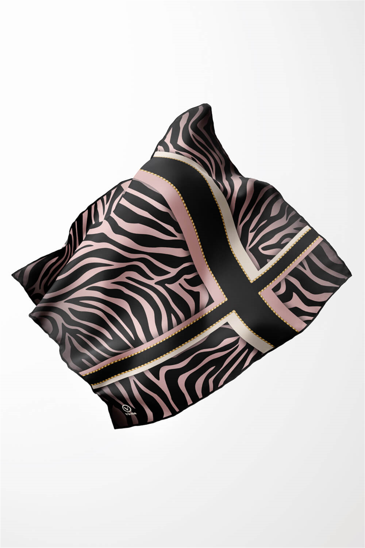 Twill Zebra Desenli Siyah - Pudra Renkli 90x90 Eşarp (İpek İçermez) Dikim Şekli : El Dikişi