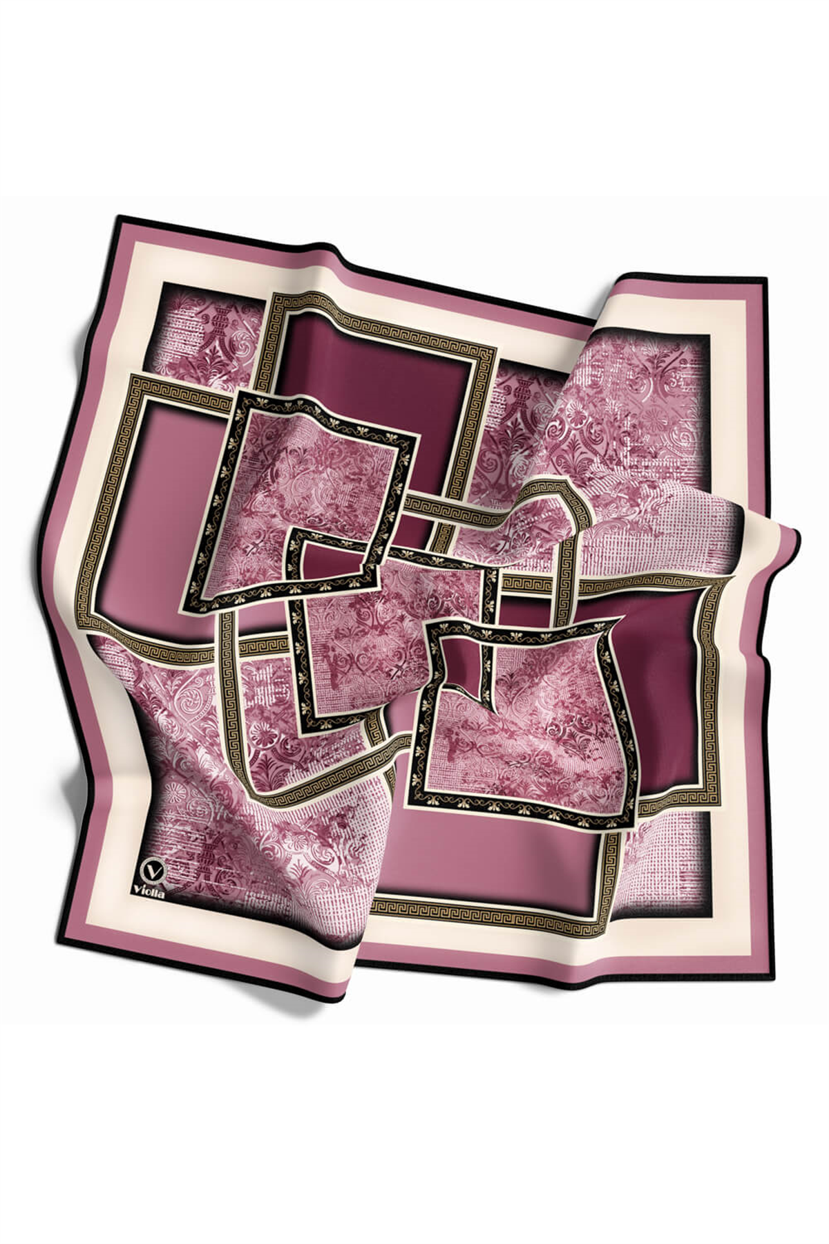 Twill Geometrik Desenli Mürdüm Renkli 90x90 Eşarp (İpek İçermez) Kenar Dikiş Şekli El Dikişli