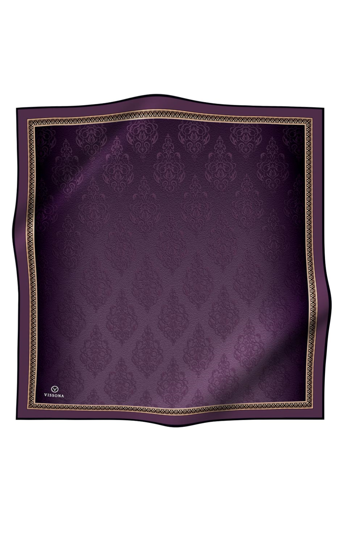 % 57 İPEK % 43 VİSKON Twill Barok Desenli Mürdüm Renkli 90x90 Eşarp Dikim Şekli: El Dikişi