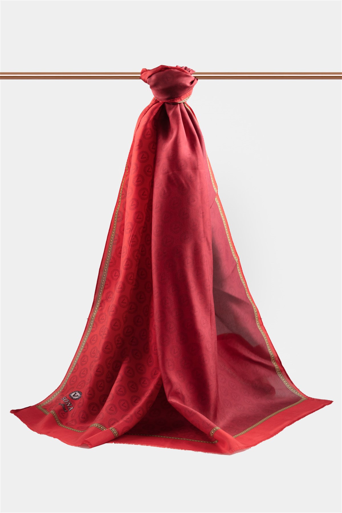 %100 İpek Degradeli Ve Monogram Desenli Kırmızı - Gold Renkli 92x210 Şal