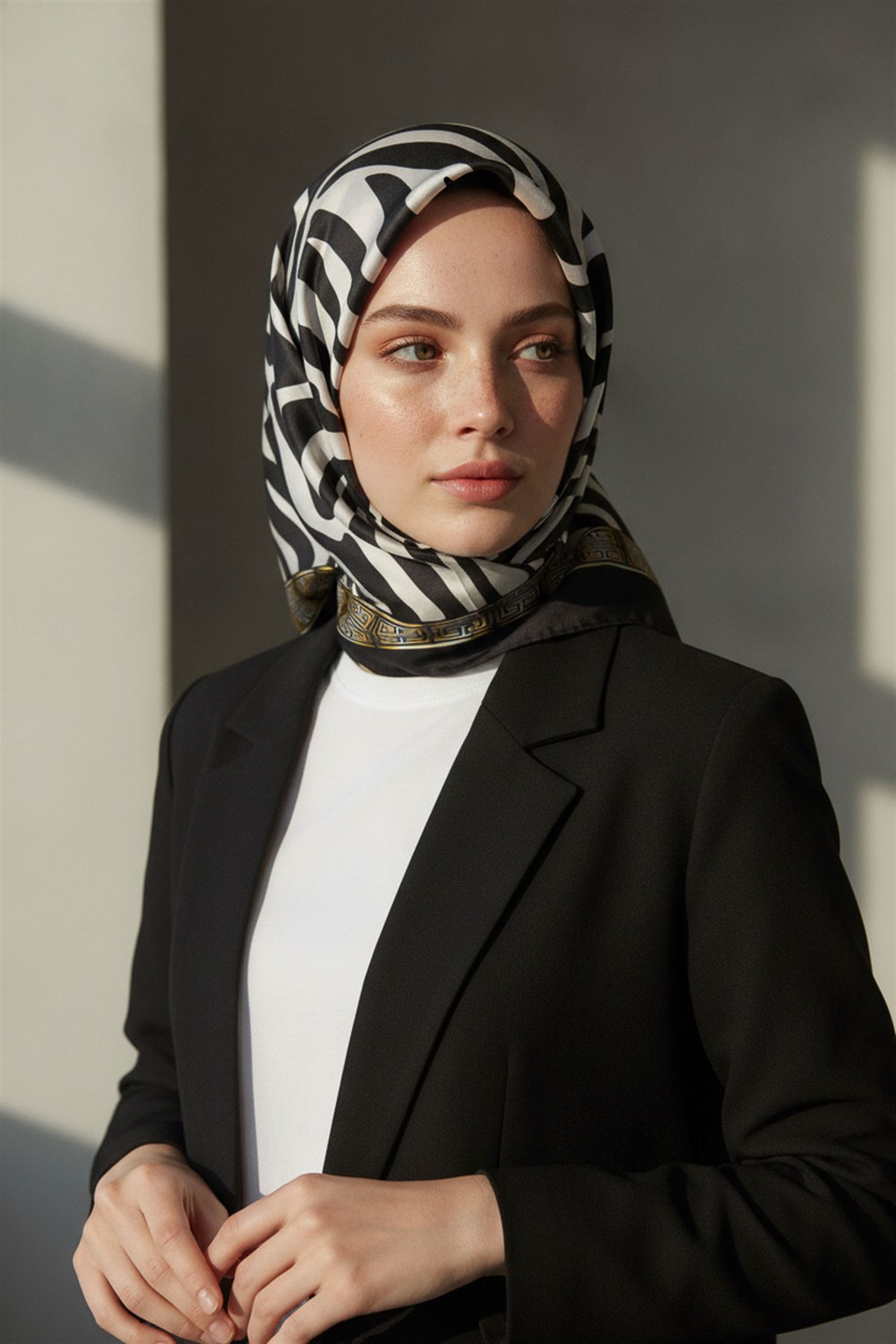 % 57 İPEK % 43 VİSKON Twill İpek Zebra Desenli Siyah - Beyaz Renkli 90x90 Eşarp Dikim Şekli : El Dikişi