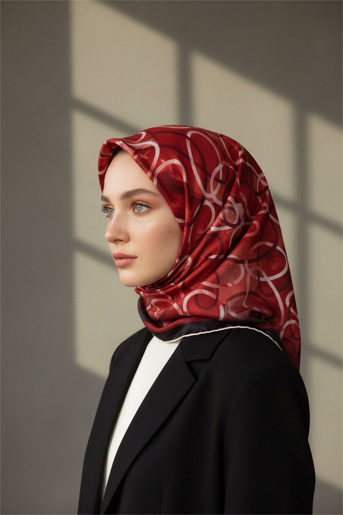 Kristal Geometrik Desenli Kırmızı Renkli 90x90 Eşarp (İpek İçermez) Kenar Dikiş Şekli El Dikişli
