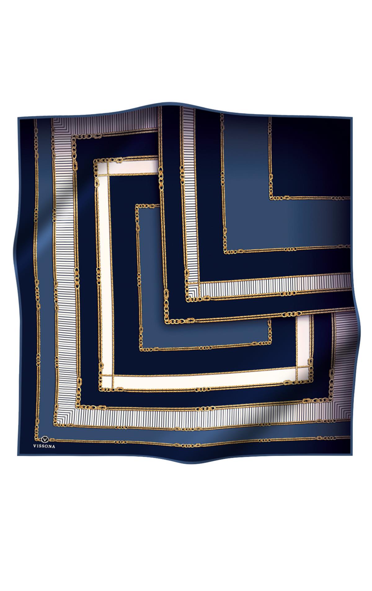 %100 Twill İpek Zincir Detaylı Geometrik Desenli Lacivert - İndigo Renkli 90x90 Eşarp Dikim Şekli : El Dikişi