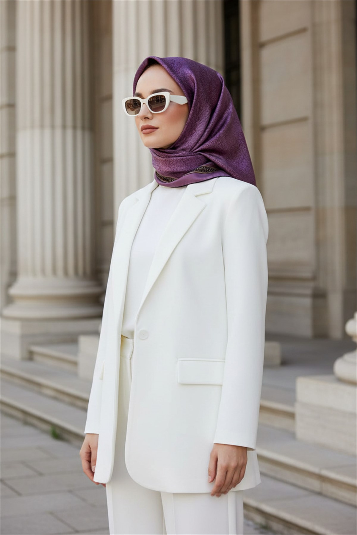 %100 Twill İpek Eşarp 90x90 Lila Barok Desenli El Dikişli Kadın Eşarp