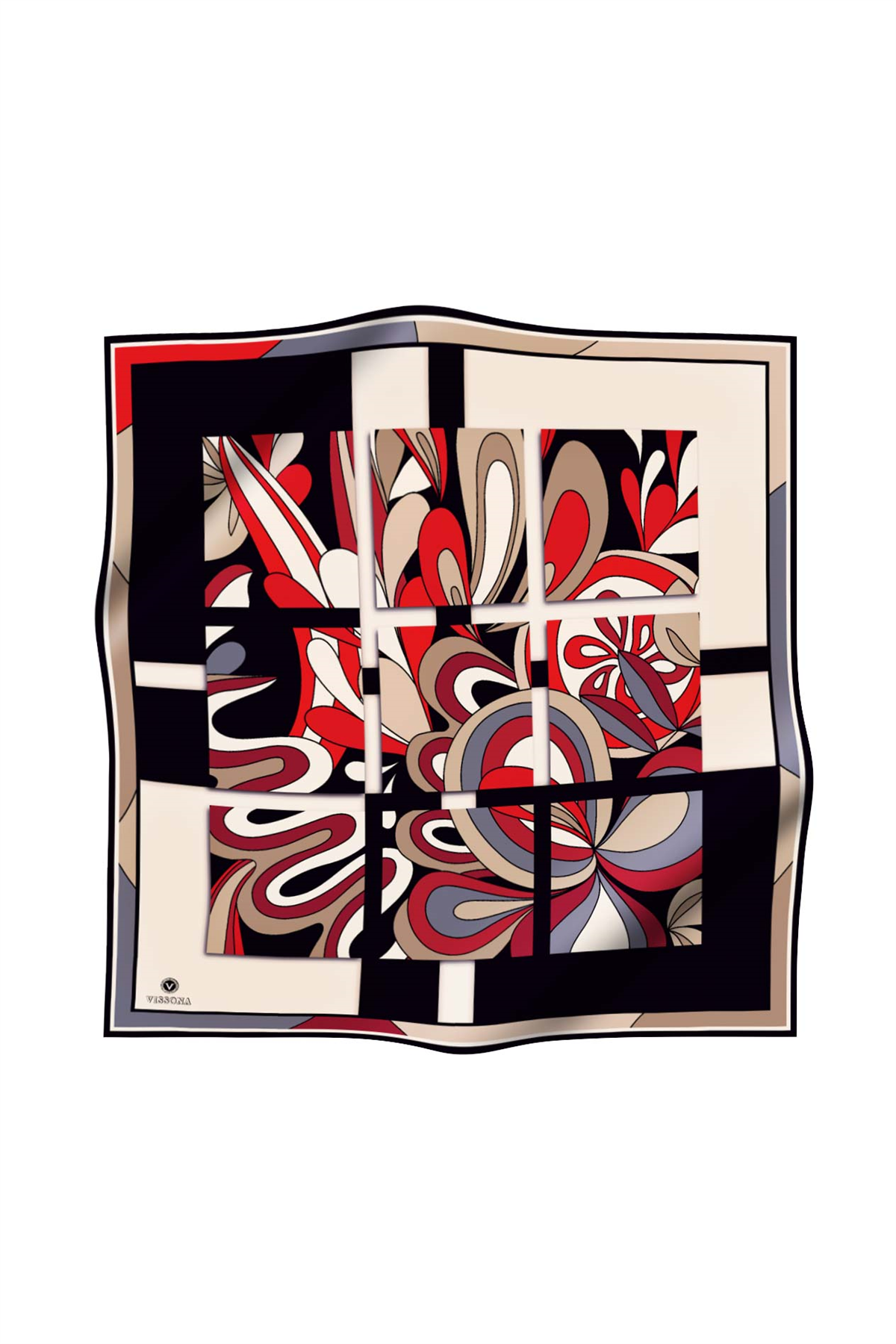 % 57 İPEK % 43 VİSKON Twill İpek Geometrik Desenli Bej - Kırmızı Renkli 90x90 Dikim Şekli : El Dikişi Eşarp