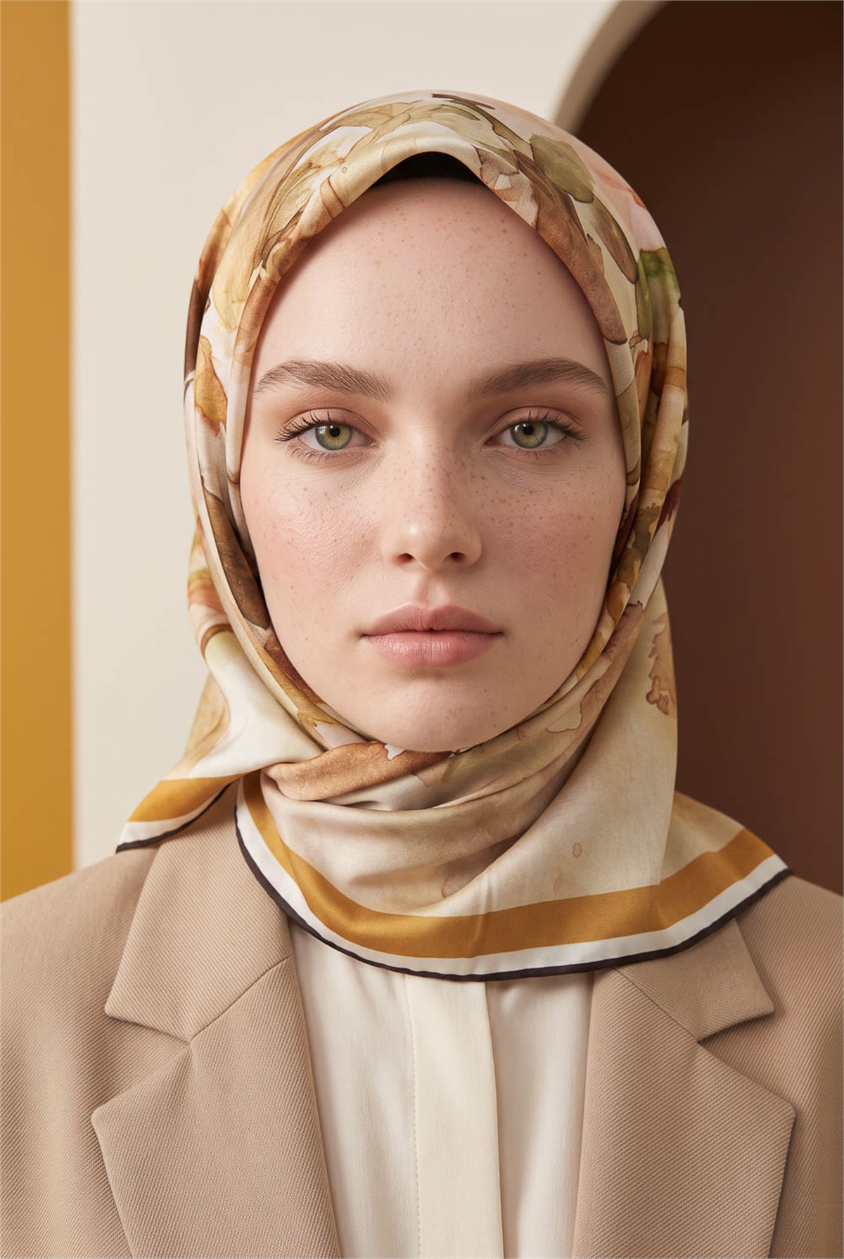 Rayon Çiçek Desenli Hardal Renkli 90x90 Eşarp (İpek İçermez) Kenar Dikiş Şekli El Dikişli