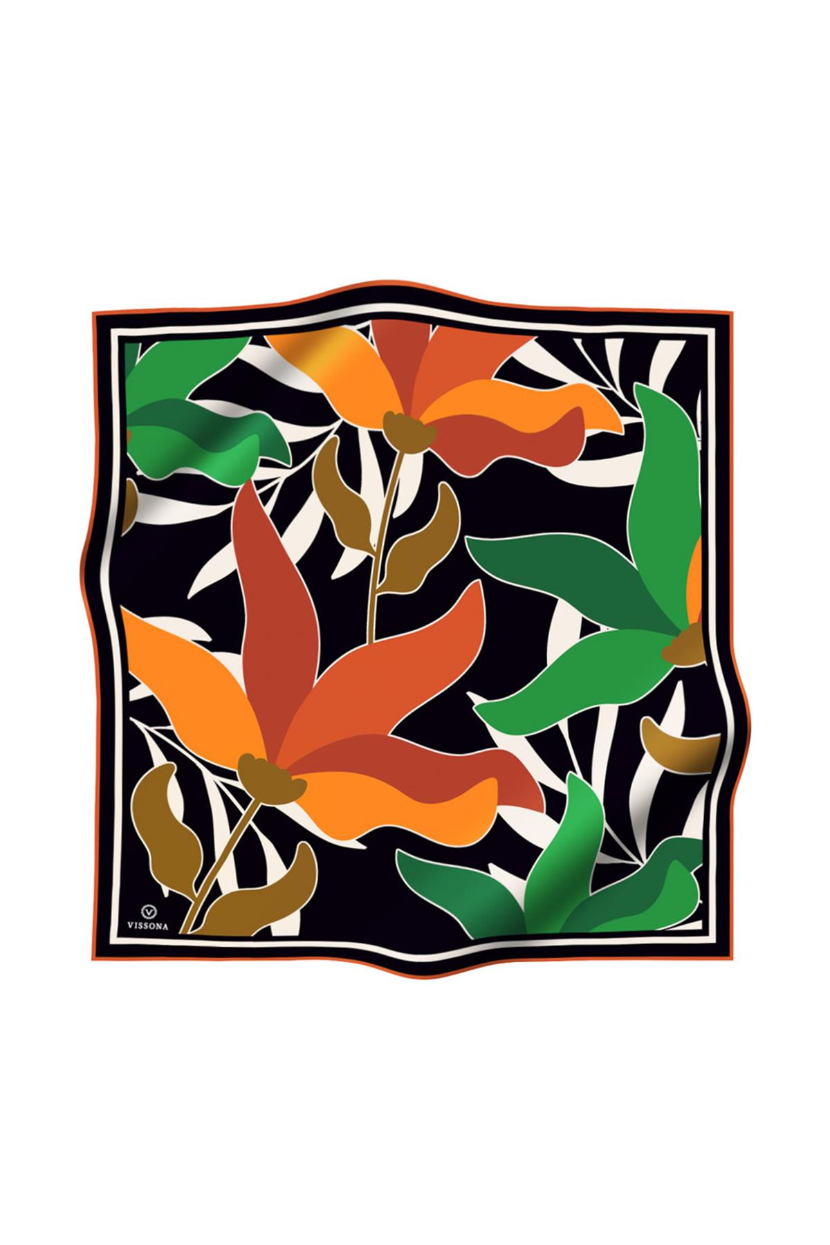 %100 Twill İpek Yaprak Desenli Turuncu - Zümrüt Yeşili Renkli 90x90 Eşarp Dikim Şekli : El Dikişi