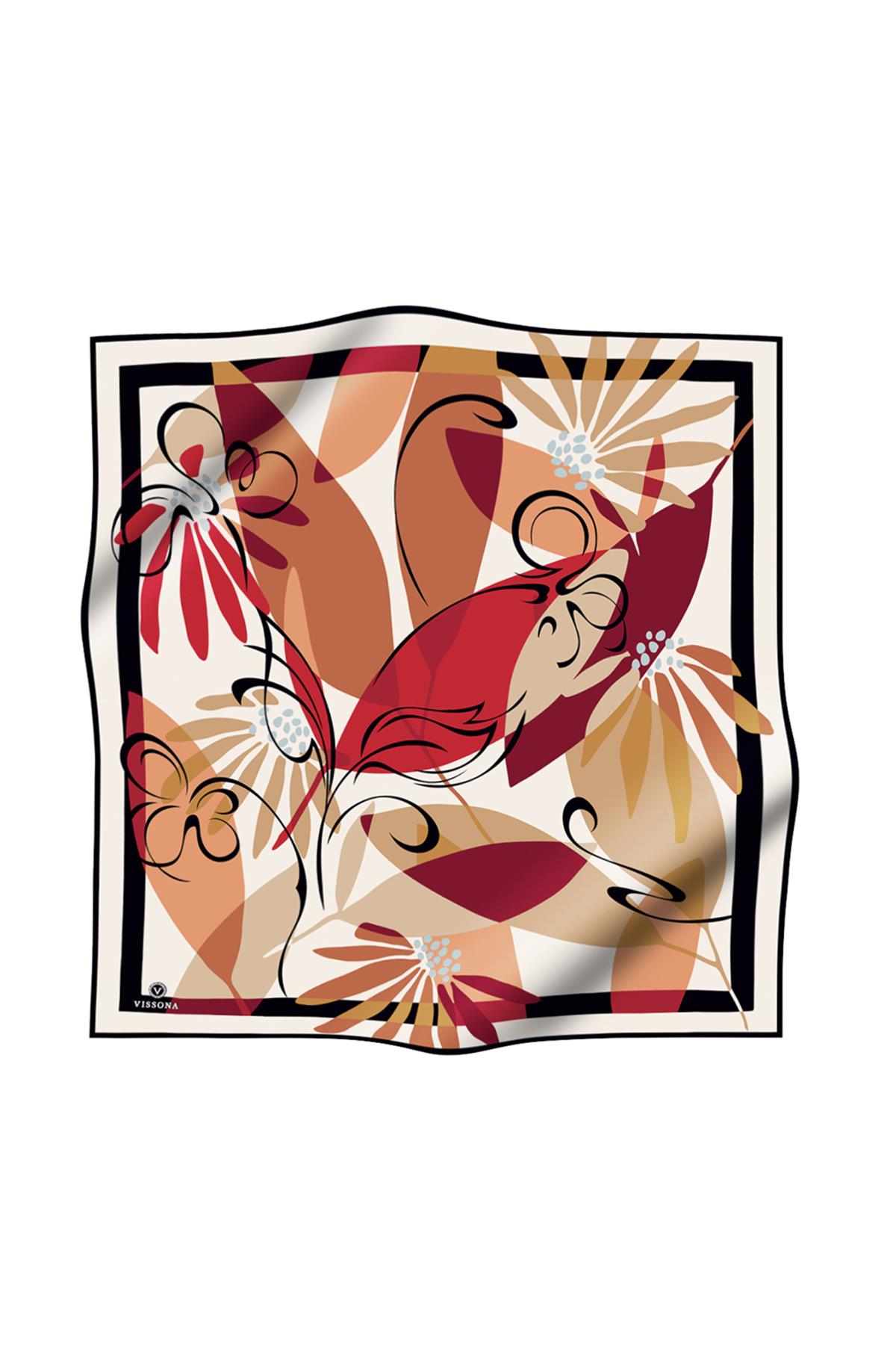 %100 Twill İpek Çiçek Desenli Bordo - Bej Renkli 90x90 Eşarp Dikim Şekli : El Dikişi