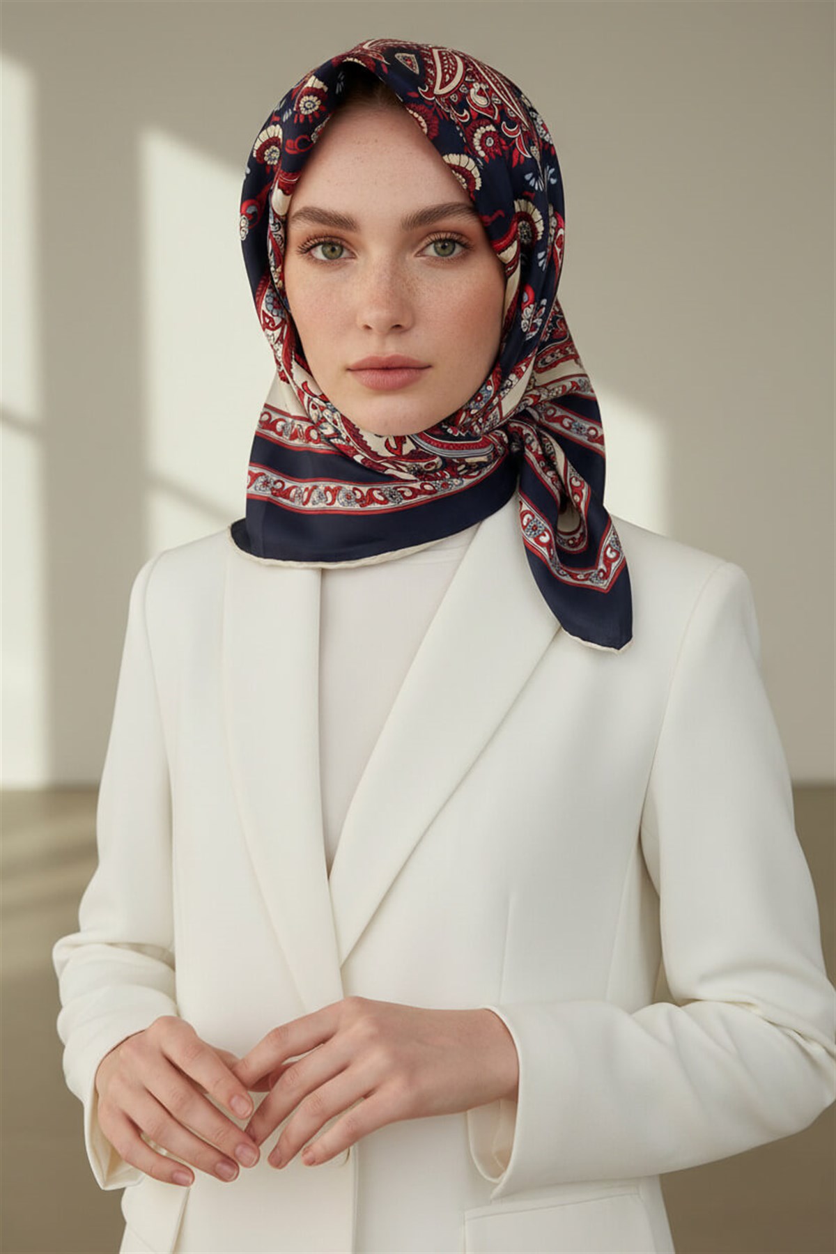 % 57 İPEK % 43 VİSKON Twill İpek Şal Motif Desenli Lacivert - Kırmızı Renkli 90x90 Eşarp Dikim Şekli : El Dikişi