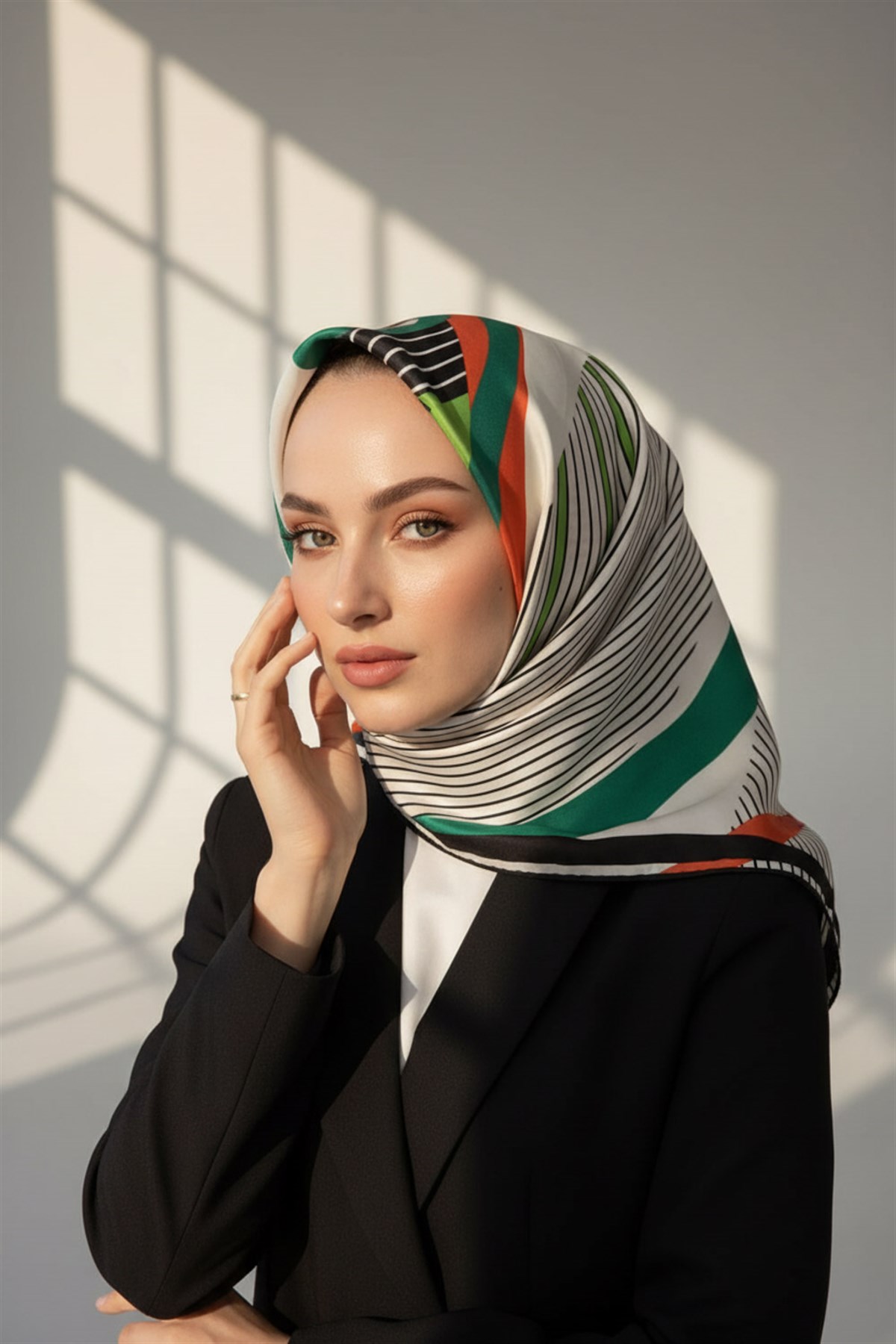 %100 Twill İpek Çizgili Geometrik Desenli Siyah - Fıstık Yeşili Renkli 90x90 Eşarp Dikim Şekli : El Dikişi