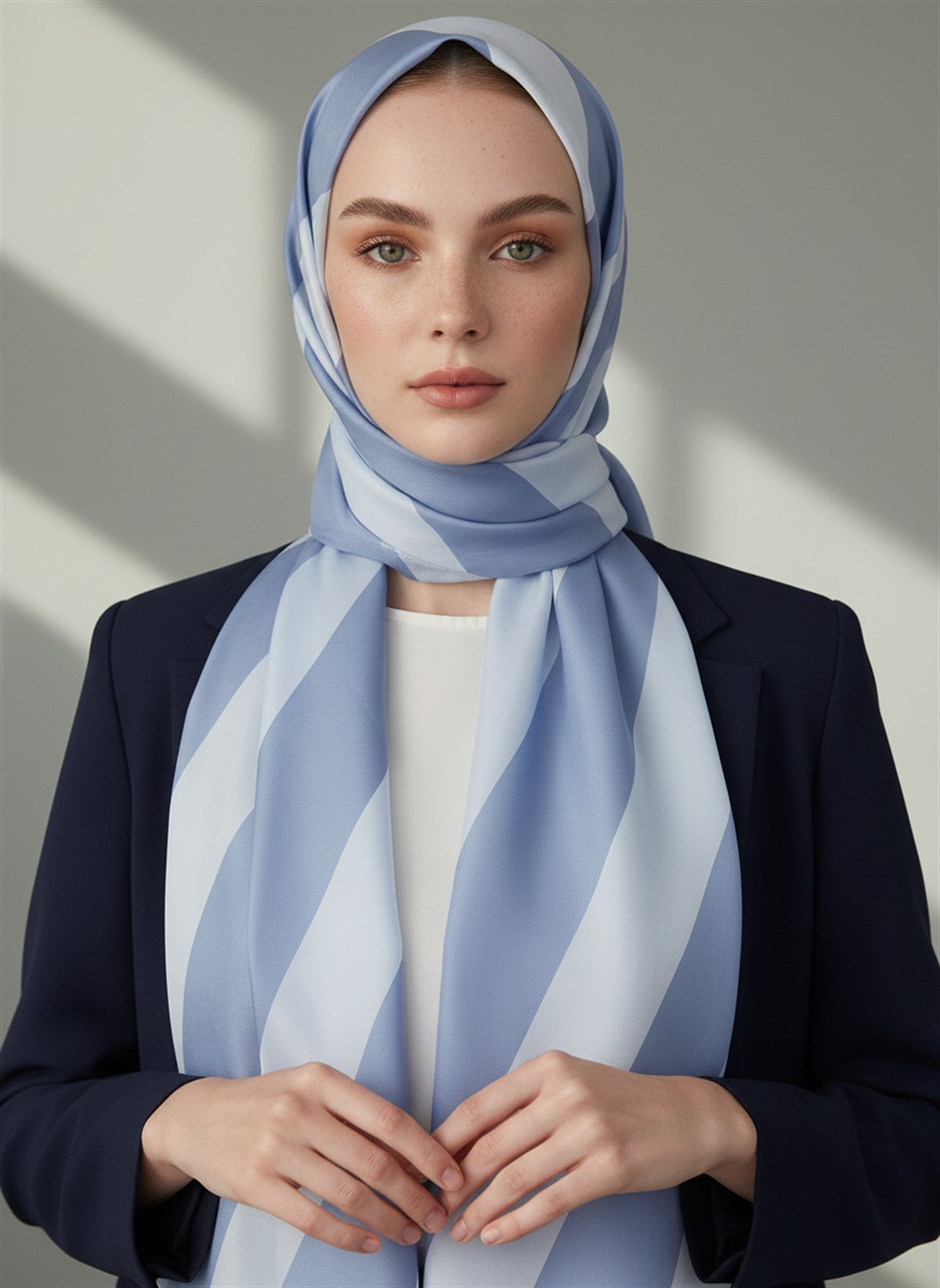 %100 Saf İpek Şal İnce Saten Vual Dokuma Çizgili Desenli Bebe Mavisi - Buz Mavisi Renkli 90x210 Şal