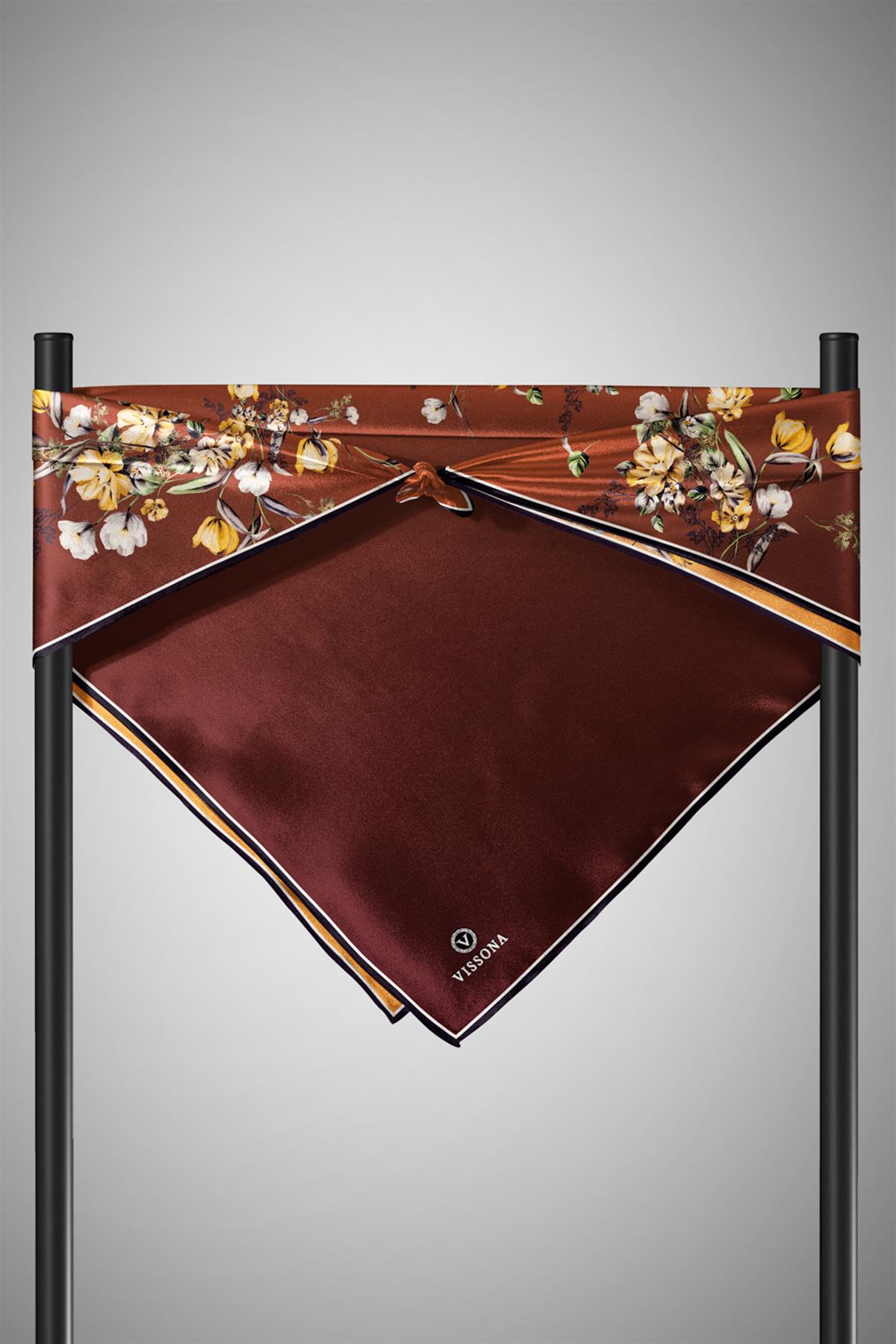 %100 Twill İpek Sonsuz Çiçek Desenli Taba Renkli 90x90 Eşarp Dikim Şekli : El Dikişi