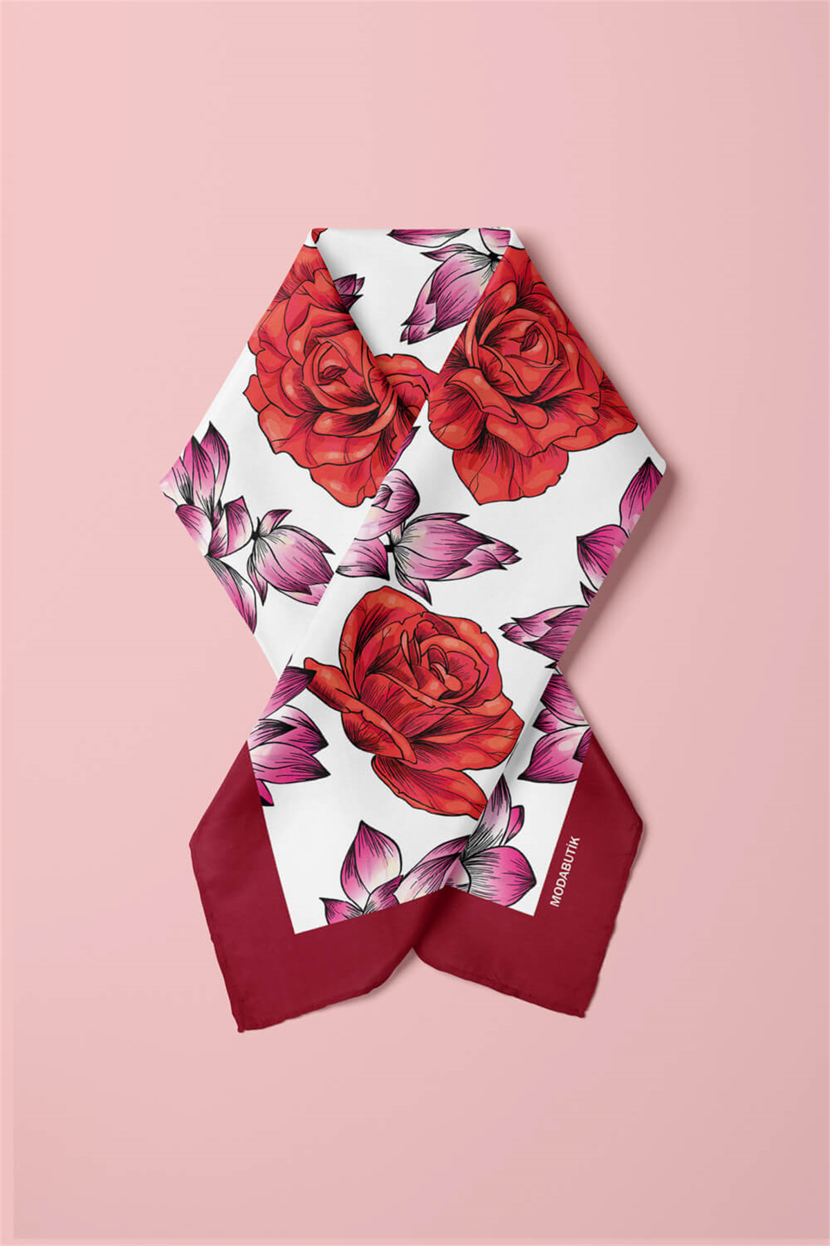 Y57 Kadın Çiçek Desenli Bandana 50x50 Kırmızı DG0139-2