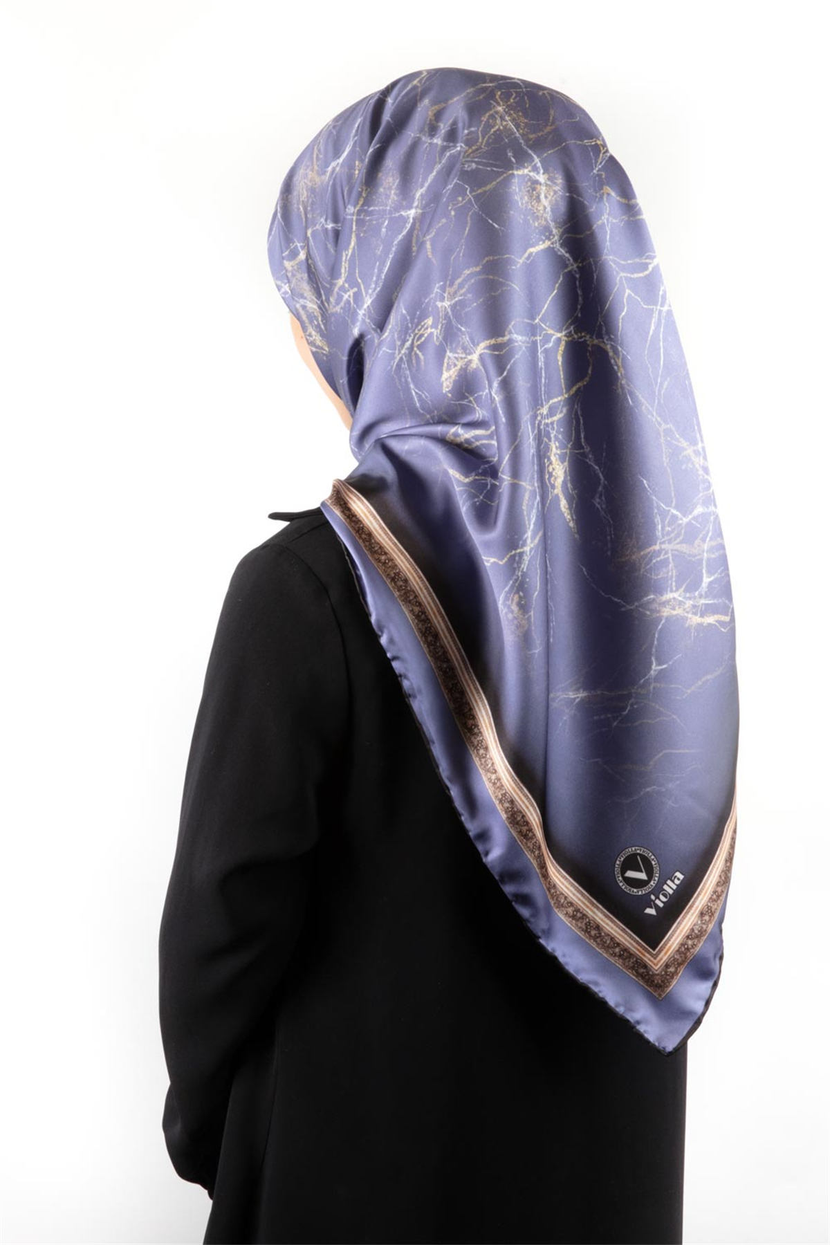 Twill Barok Çerçeveli Mermer Desenli İndigo Renkli 90x90 Eşarp (İpek İçermez) Kenar Dikiş Şekli El Dikişli