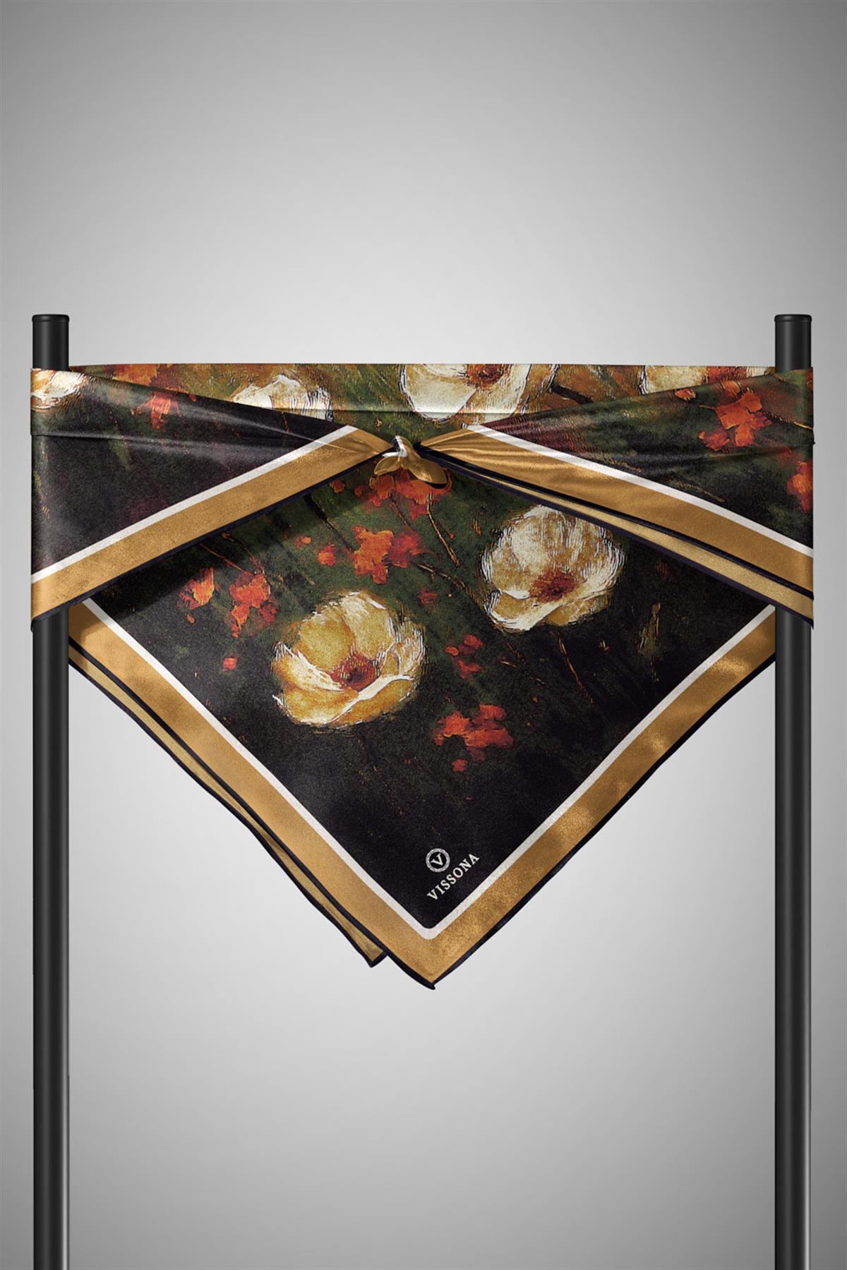 %100 Twill İpek Yağlı Boya Çiçek Desenli Bej - Haki Renkli 90x90 Eşarp Dikim Şekli : El Dikişi