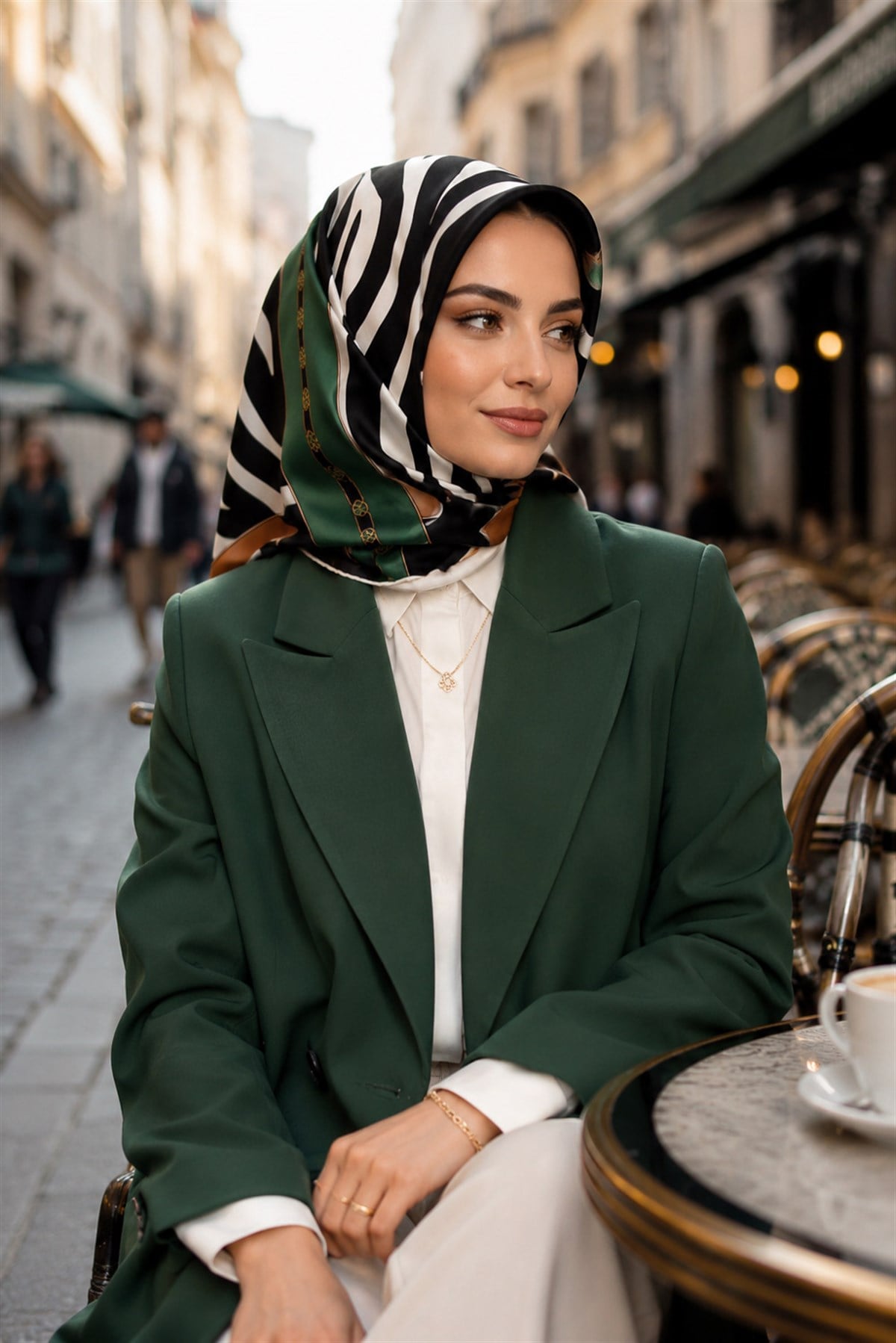%100 Twill İpek Zebra Desenli Vizon - Zümrüt Yeşili Renkli 90x90 Eşarp Kenar Dikiş Şekli El Dikişli