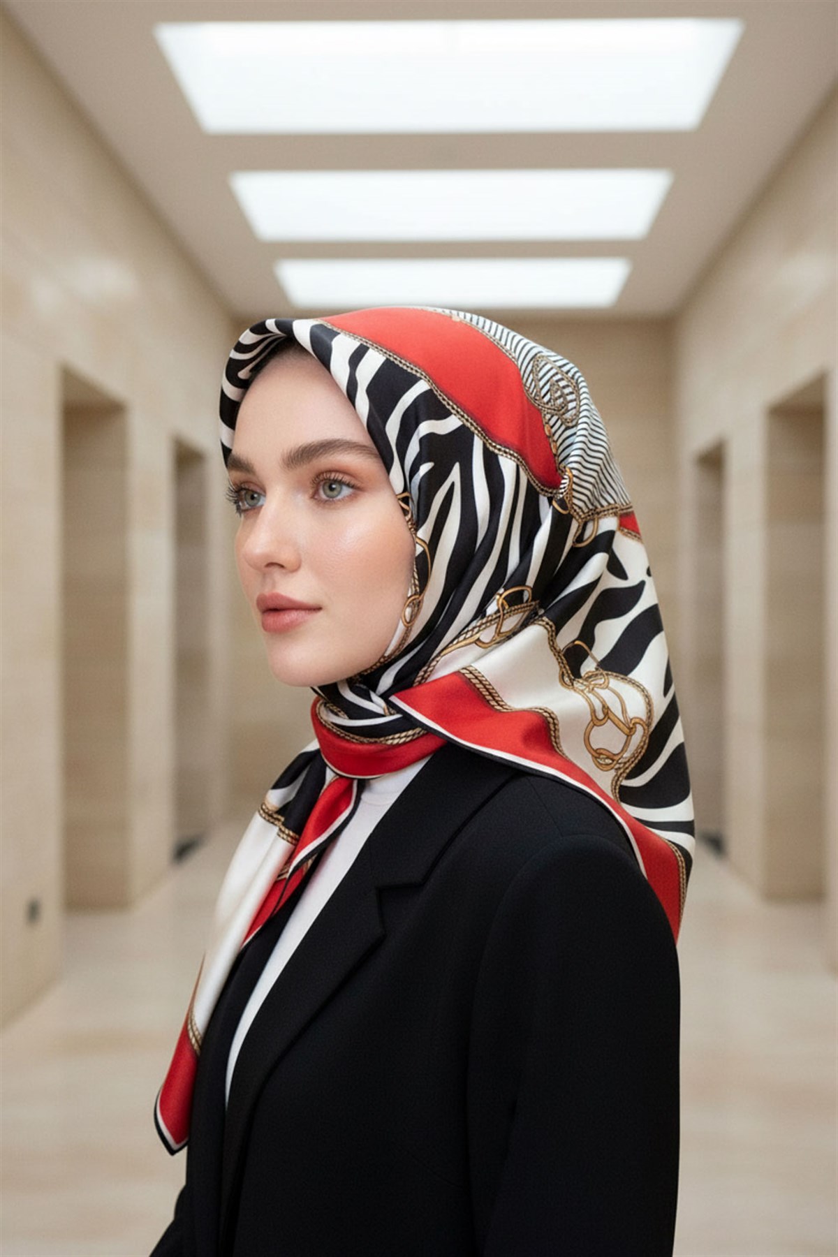 %100 Twill İpek Zincirli Ve Zebra Desenli Kırmızı - Siyah Renkli 90x90 Eşarp Dikim Şekli : El Dikişi
