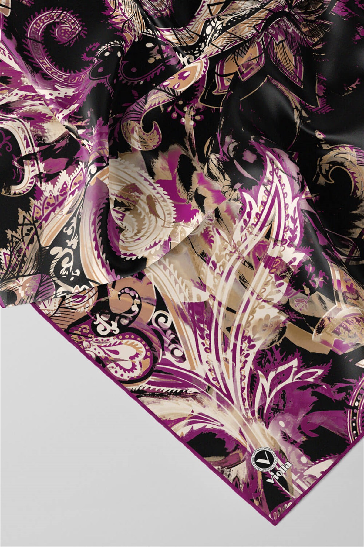Twill Şal Desenli Mürdüm Renkli 90x90 Eşarp (İpek İçermez) Kenar Dikiş Şekli El Dikişli
