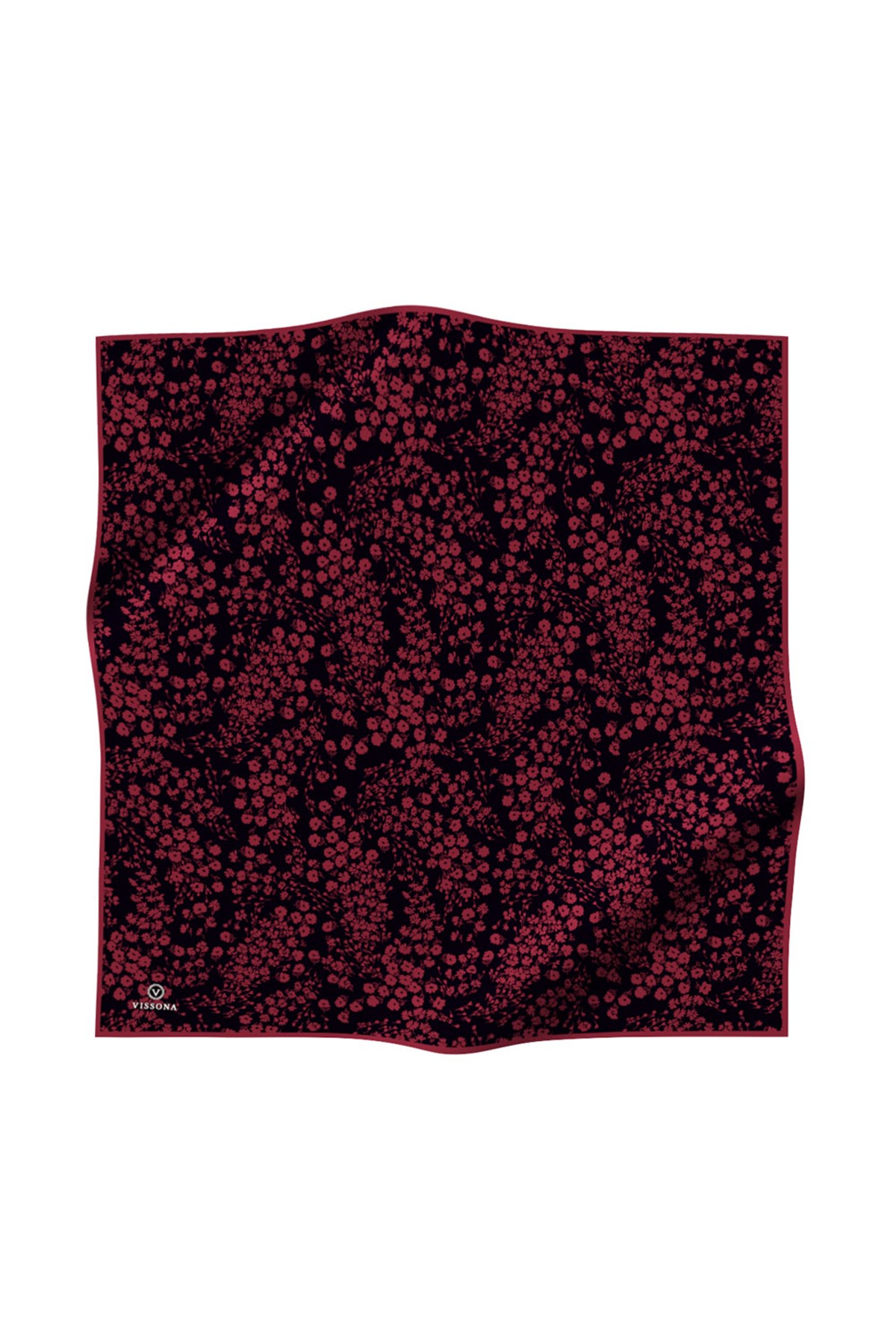 %100 Twill İpek Çıtır Çiçek Desenli Siyah - Bordo Renkli 90x90 Eşarp Dikim Şekli : El Dikişi