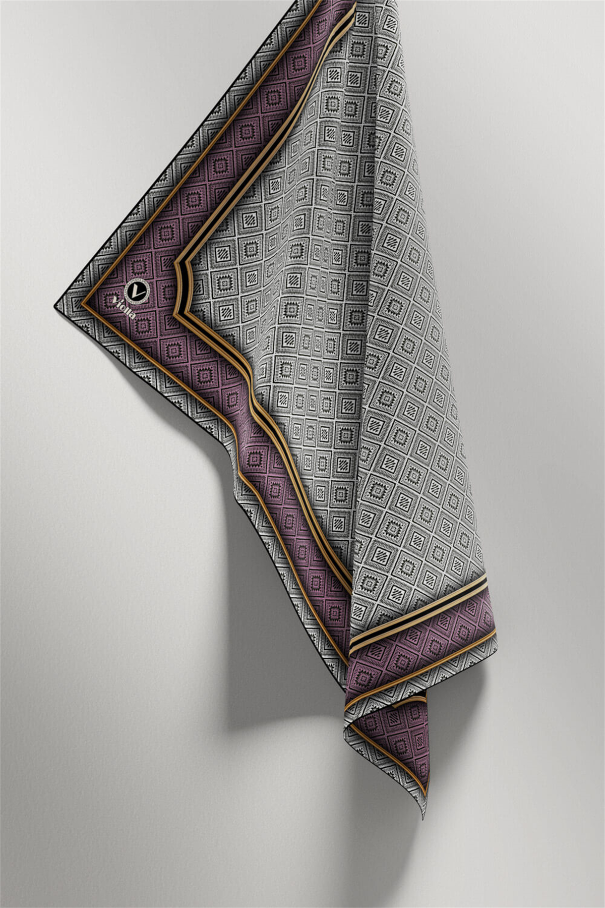 Twill Geometrik Çıtır Desenli Lila Renkli 90x90 Eşarp (İpek İçermez) Kenar Dikiş Şekli El Dikişli
