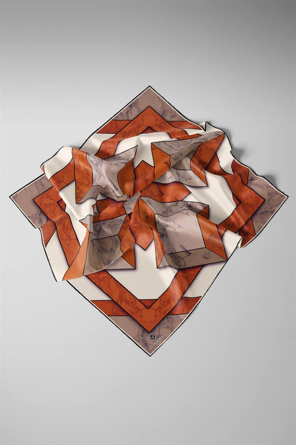 %100 Twill İpek Mermer Desenli Taba - Bej Renkli 90x90 Eşarp Dikim Şekli : El Dikişi