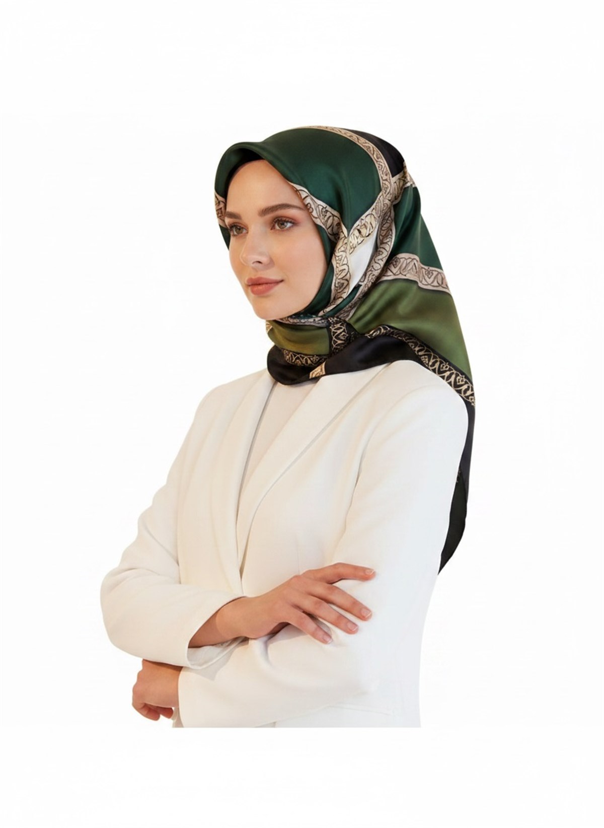 %100 Twill İpek Geometrik Desenli Zümrüt Yeşili - Siyah Renkli 90x90 Eşarp Dikim Şekli : El Dikişi