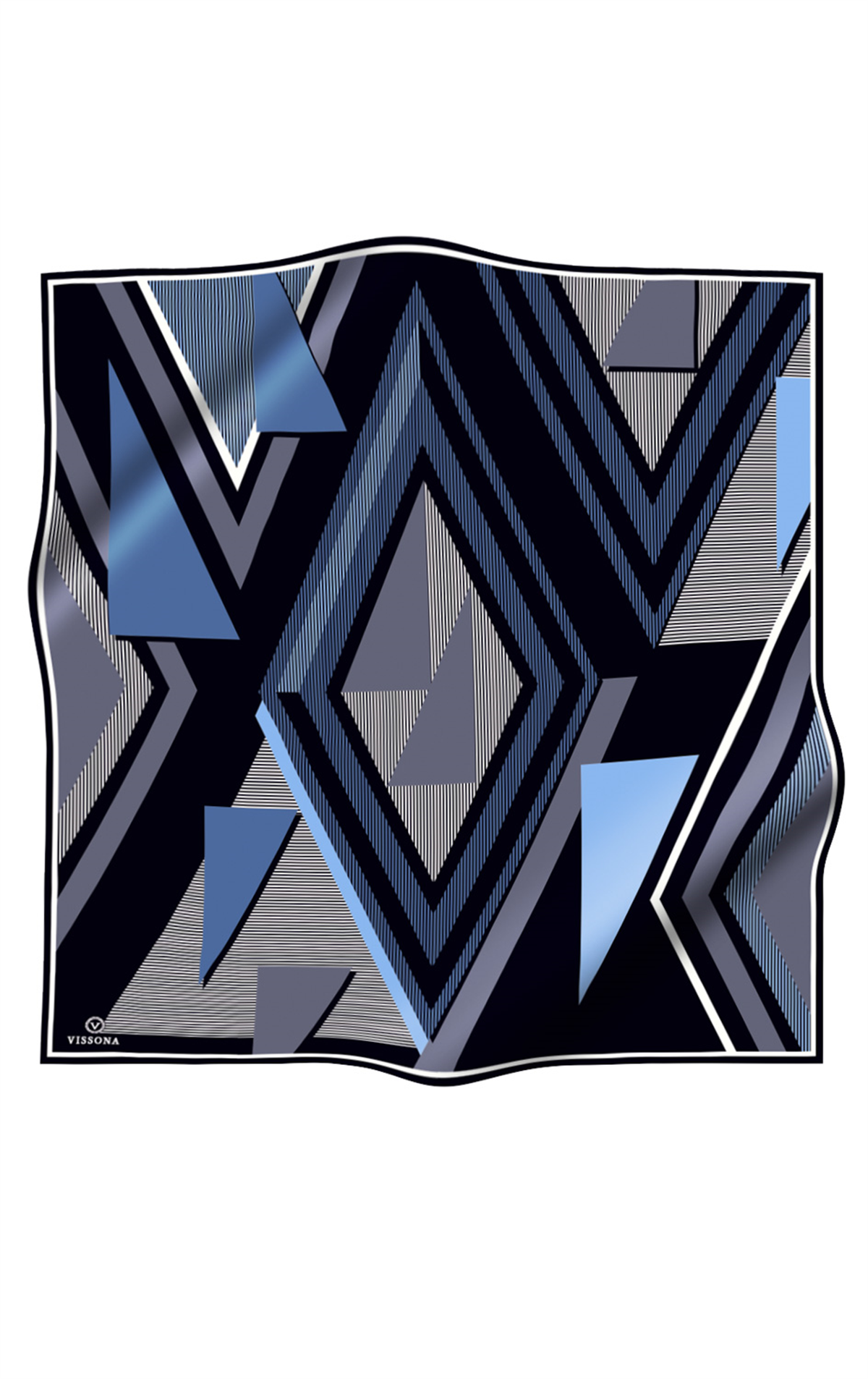 % 57 İPEK % 43 VİSKON Twill İpek Geometrik Desenli İndigo - Siyah Renkli 90x90 Eşarp Dikim Şekli : El Dikişi