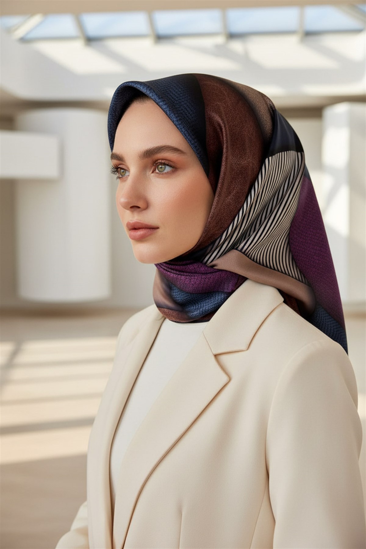 %100 Twill İpek Dokulu ve Geometrik Desenli Lacivert - Mürdüm Renkli 90x90 Eşarp Dikim Şekli : El Dikişi