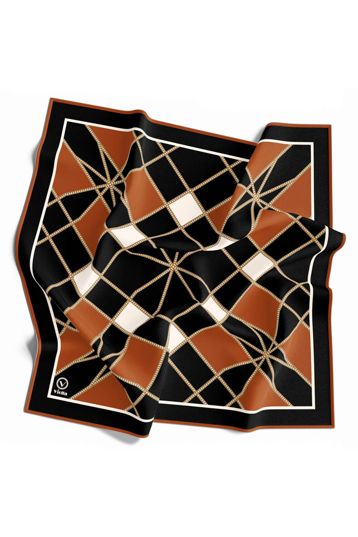 Twill Gold Detaylı Geometrik Çiçekli Desenli Taba Renkli 90x90 Eşarp (İpek İçermez) Kenar Dikiş Şekli El Dikişli