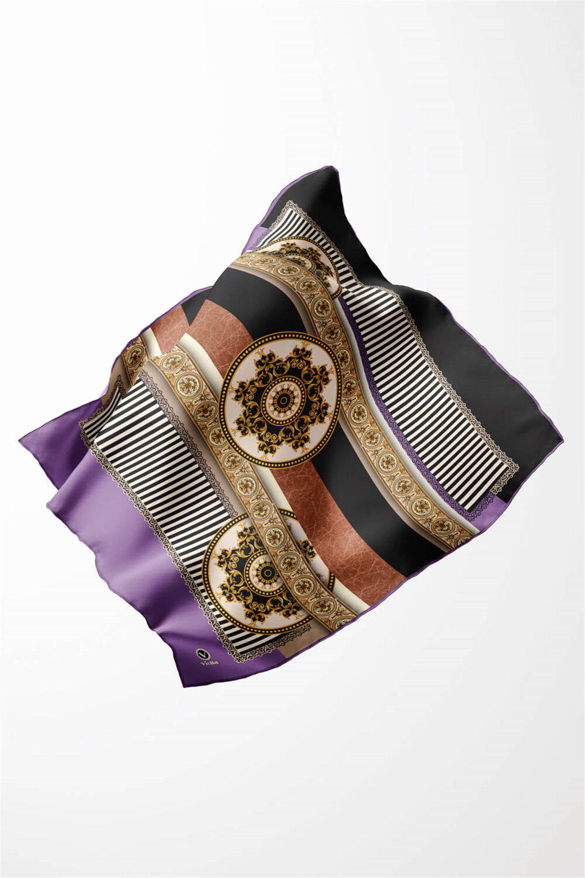 Twill Çizgili ve Barok Desenli Mor Renkli 90x90 Eşarp (İpek İçermez) Kenar Dikiş Şekli El Dikişli