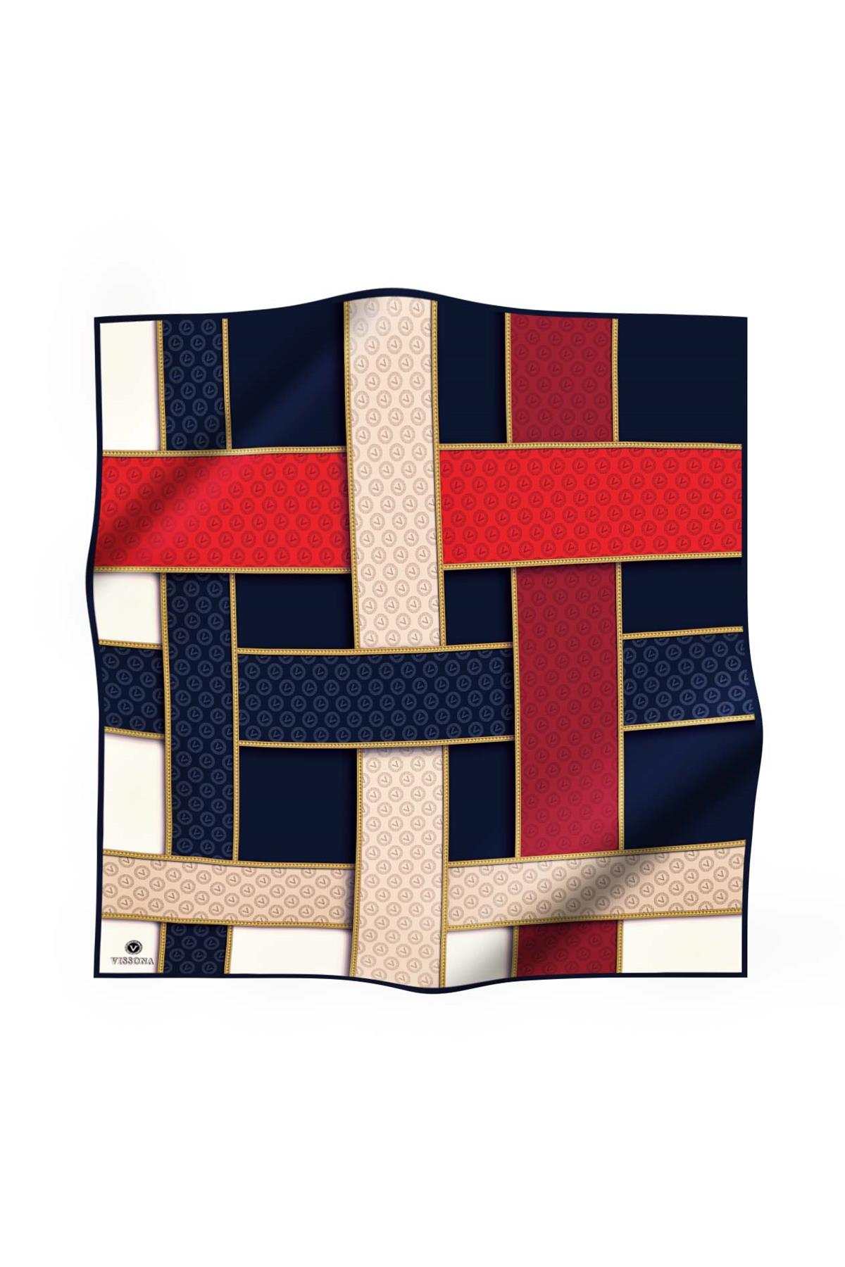 %100 Twill İpek Geometrik Desenli Lacivert - Kırmızı Renkli 90x90 Eşarp Dikim Şekli : El Dikişi