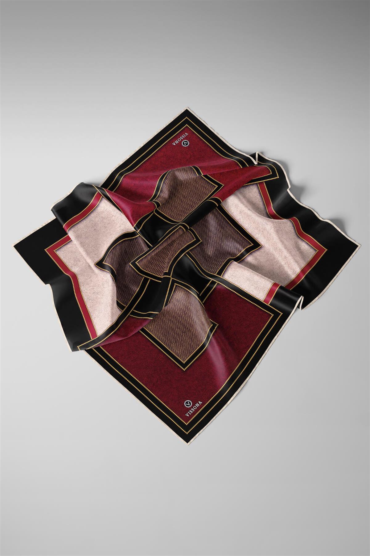 100% Twill İpek Gold Detaylı Kare Desenli Siyah - Bordo Renkli 90x90 Dikim Şekli : El Dikişi