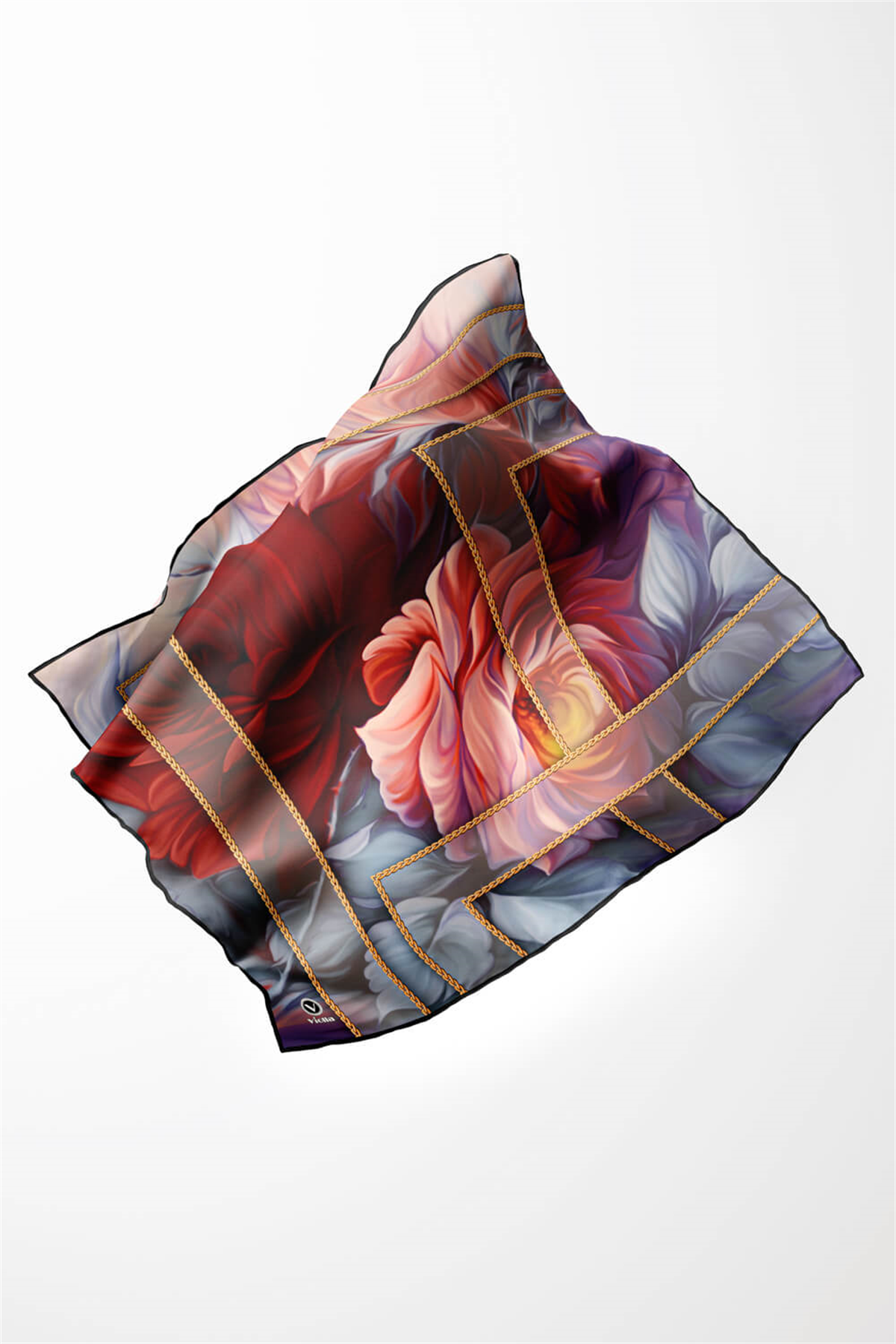 Twill Gül Desenli Kırmızı - Bebe Mavisi Renkli 90x90 Eşarp (İpek İçermez) Kenar Dikiş Şekli El Dikişli