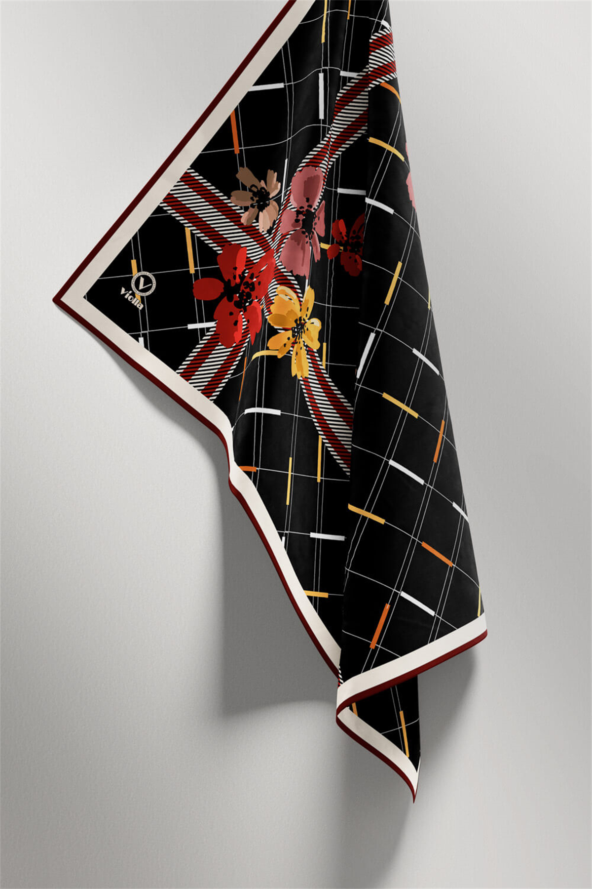 Twill Papatya Desenli Bordo Renkli 90x90 Eşarp (İpek İçermez) Kenar Dikiş Şekli El Dikişli